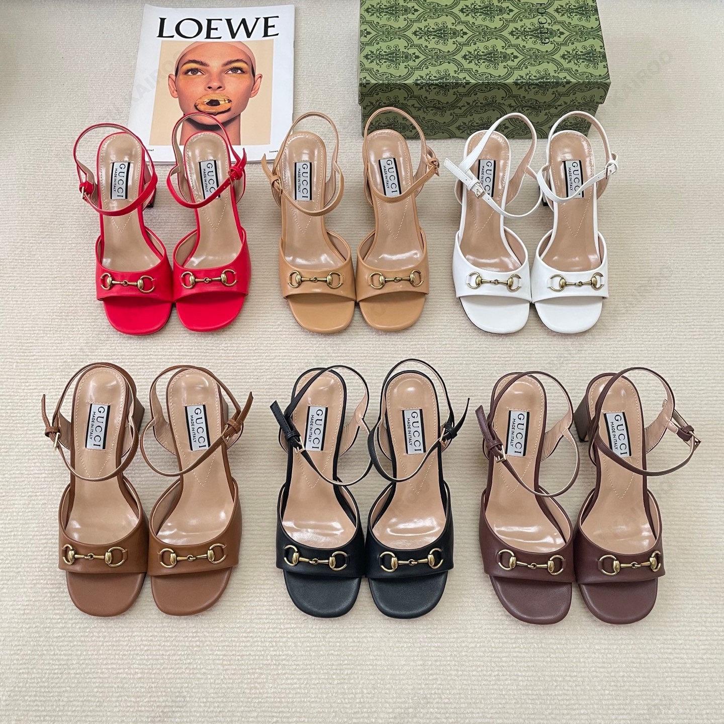 Gucci Horsebit 6.5/9.5CM Open Toe Smooth Leather & GG Canvas Ankle Strap Slingback Block Heel Sandals - KAIROO