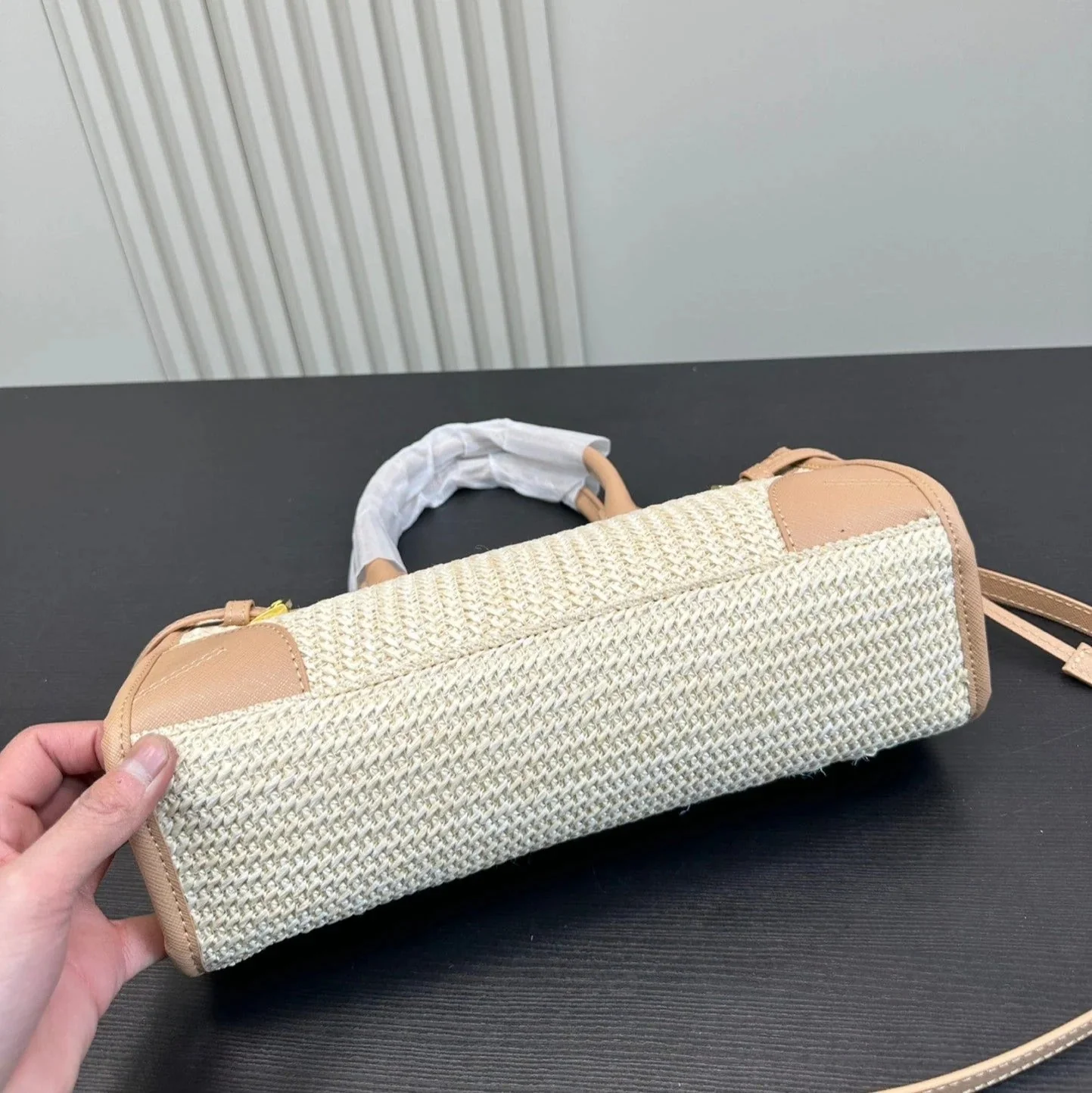 Prada BONNIE SOFT LUX HANDBAG 32 IN BEIGE WOVEN RAFFIA WITH TAN CALFSKIN