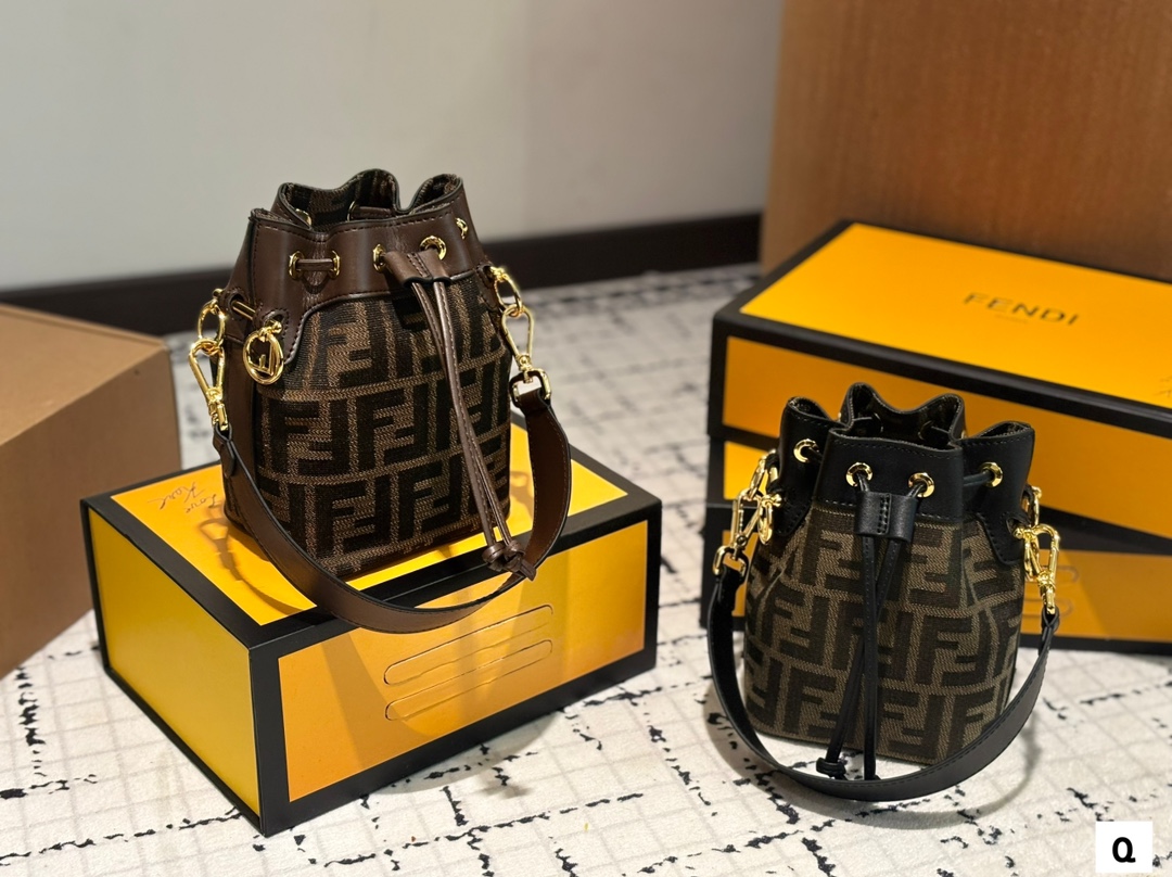 Fendi FF Mon Tresor Mini Multicolor Jacquard Monogram Canvas Leather Drawstring Bucket Shoulder Bags - KAIROO
