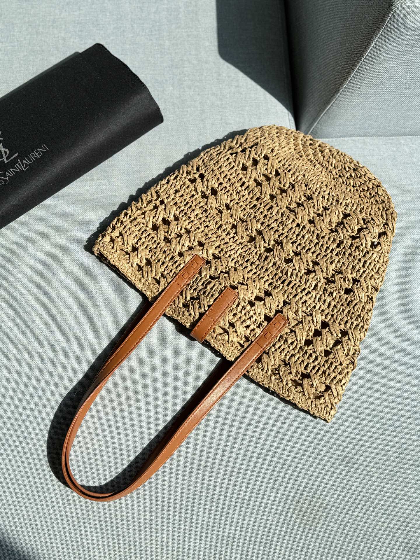 Saint Laurent YSL Large Panier Woven Raffia Leather Hook Straps Tonal Cassandre Basket Tote Bag - KAIROO
