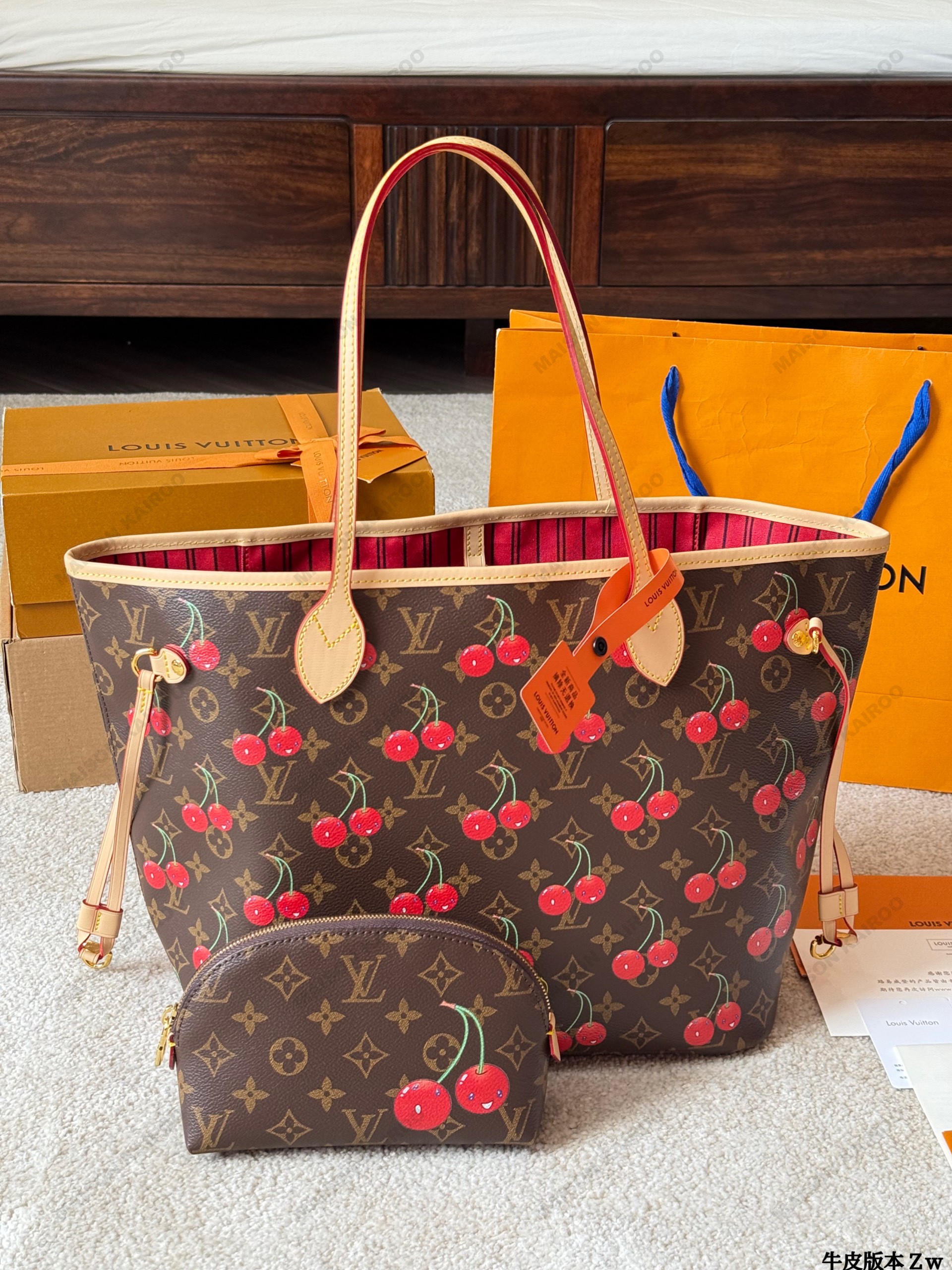Louis Vuitton LV x TM Neverfull MM Monogram Canvas Cherry Print Tote Bag With Dome Zipped Pouch - KAIROO
