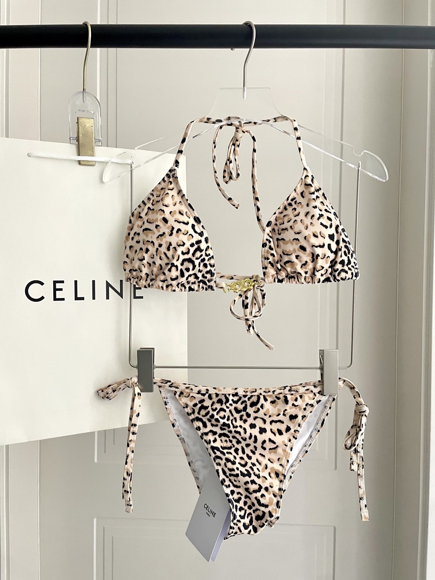 Celine Leopard Print Triomphe Buckle Halter Tie-side Triangle Bikini Set Swimwear - KAIROO