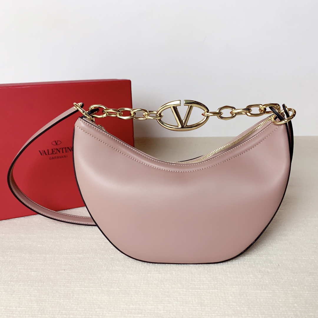 Valentino Small Vlogo Moon Hobo in Smooth Calfskin-Nude pink
