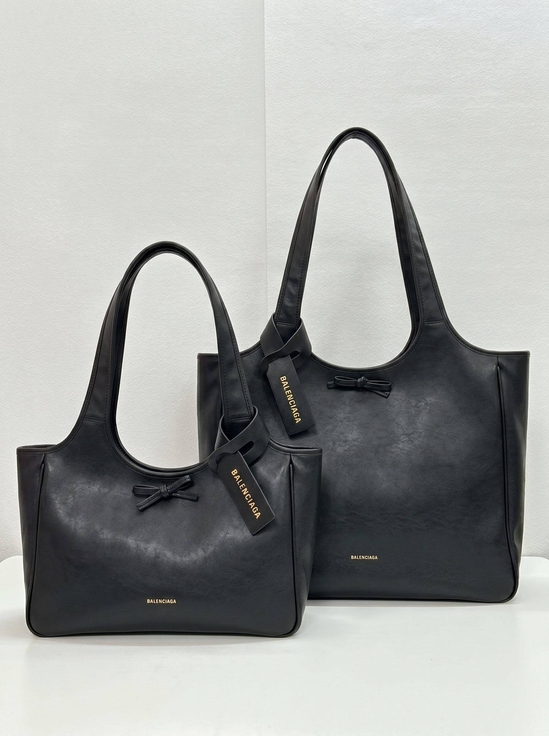 Balenciaga Bel Air Small& Large Black Smooth Leather Bow Detail Handle Shoulder Tote Bag - KAIROO