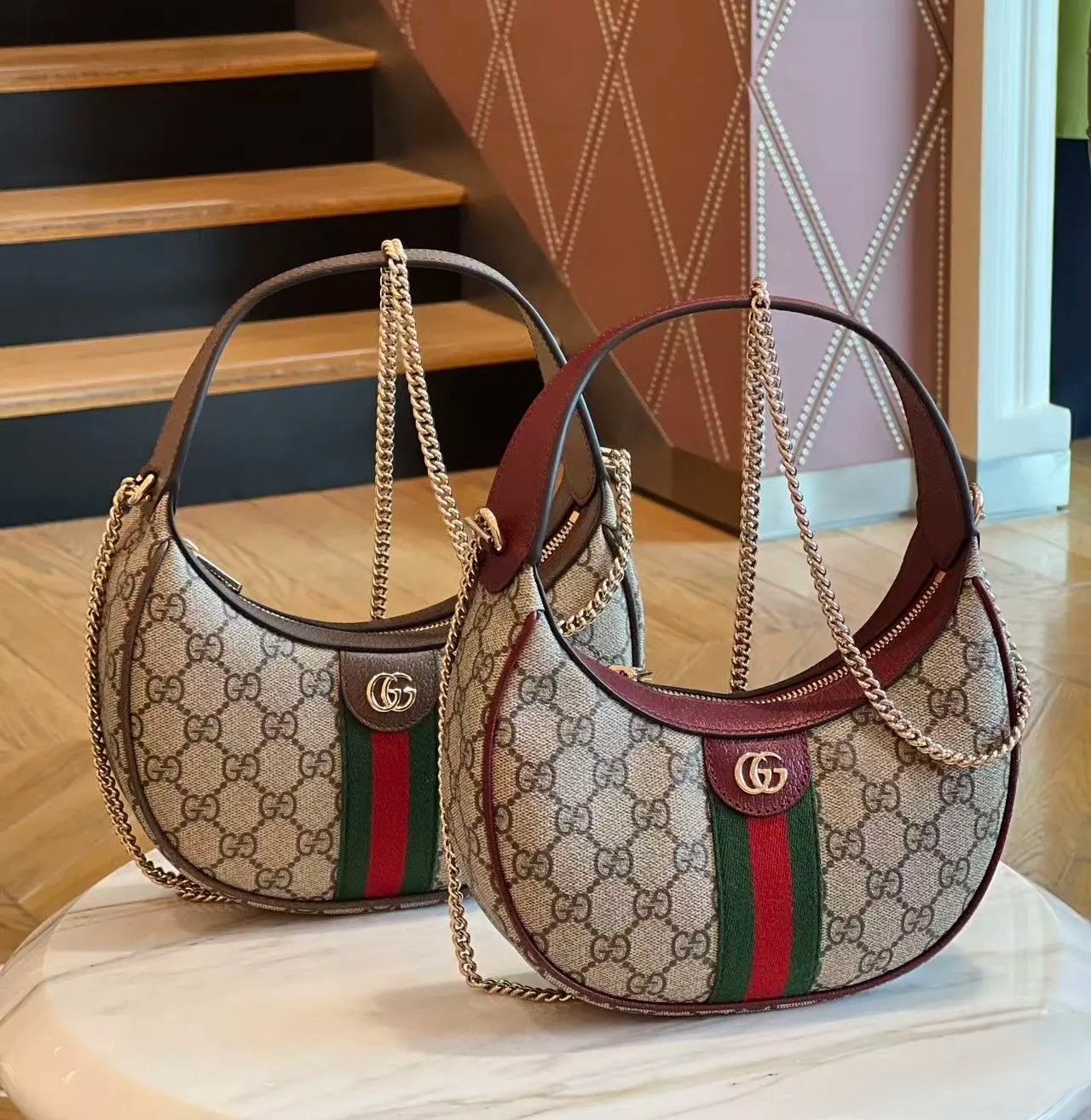 Gucci Ophidia Mini Crescent Hobo Red-Green Web Stripe  Leather Trim Chain Underarm Crossbody Bag - KAIROO