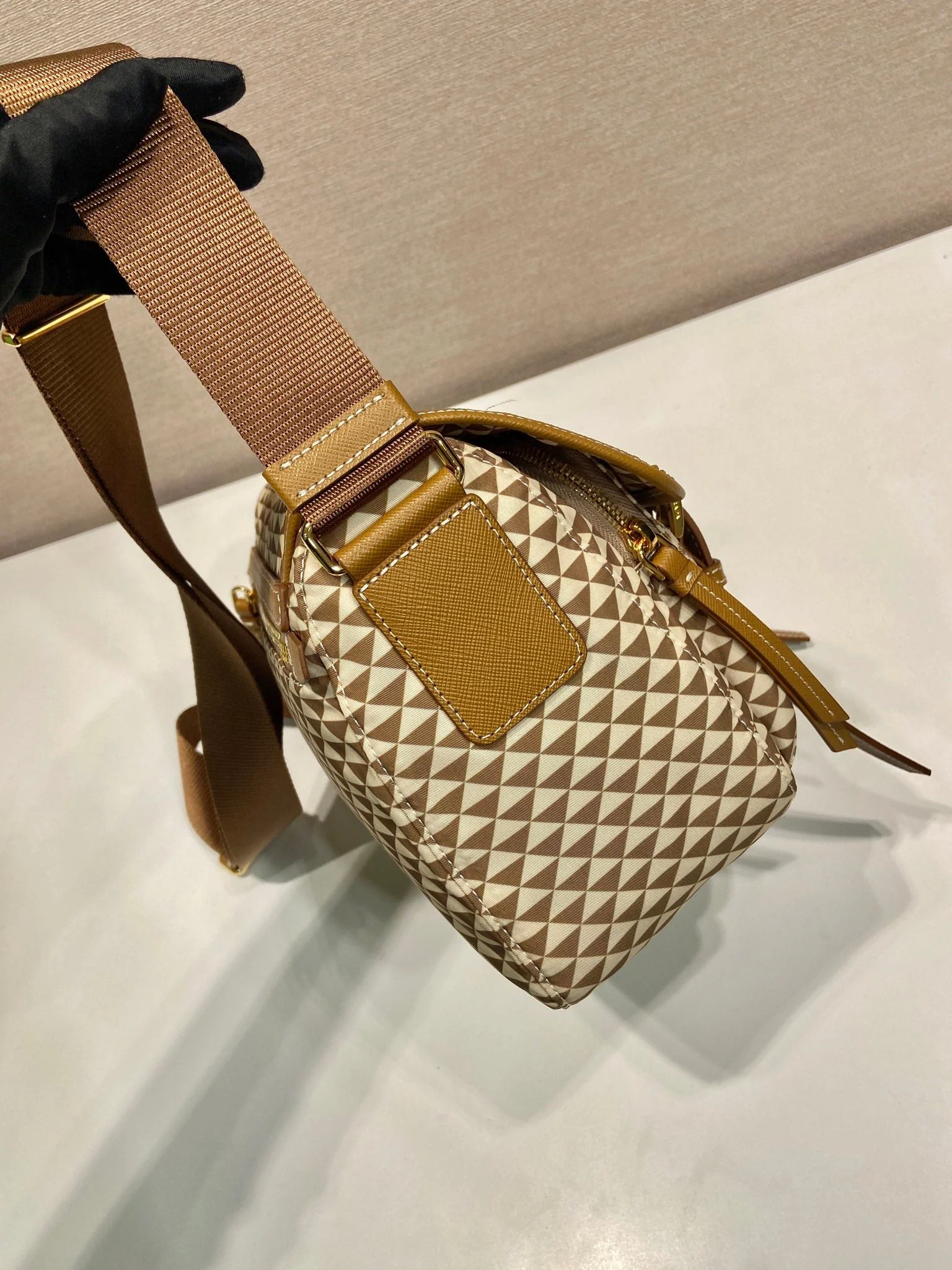 Prada MESSENGER BAG 25 IN BROWN MIX CREAM TRIANGLE PATTERN EMBROIDERED FABRIC