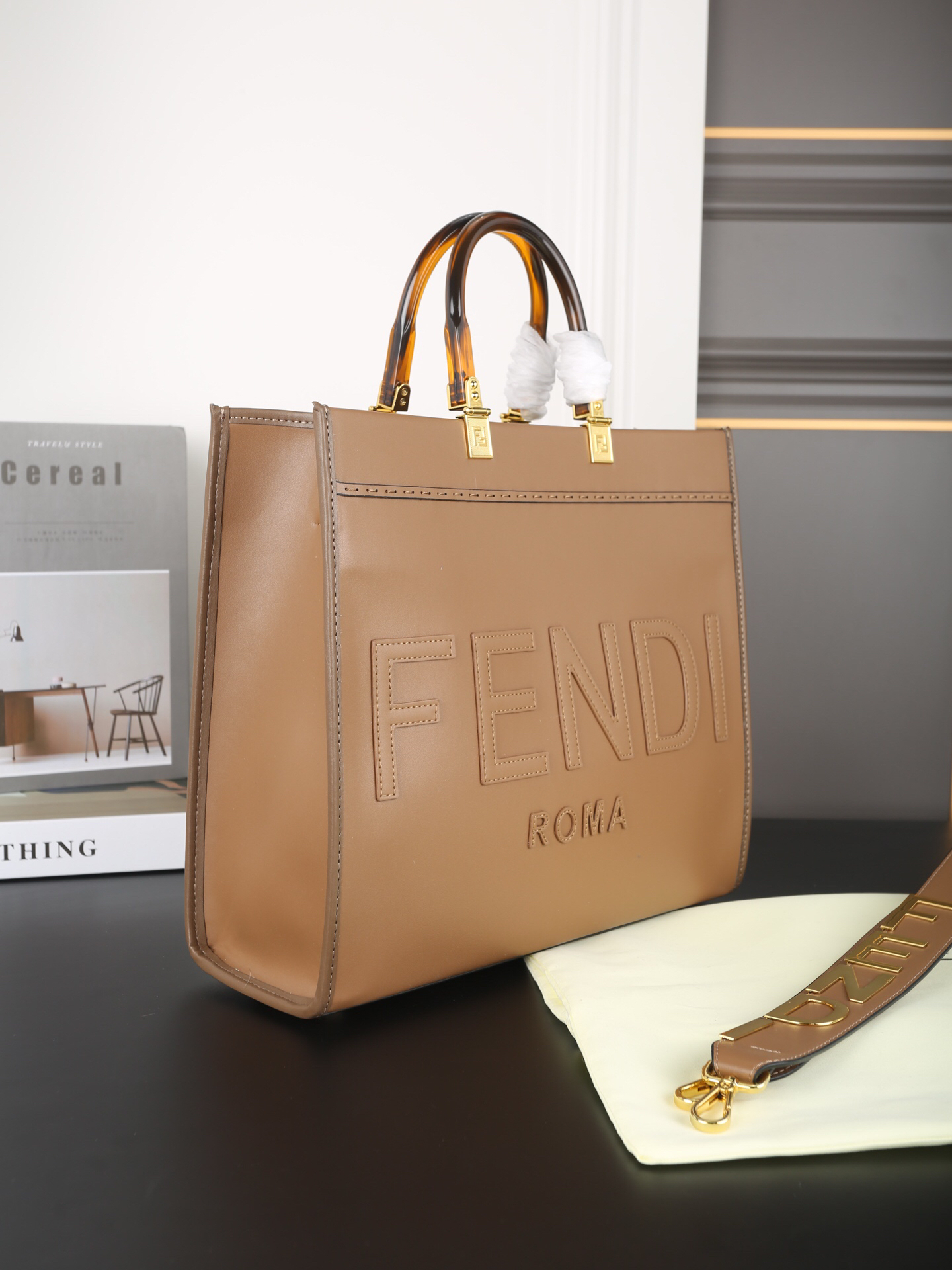 Fendi Caramel Embossed Logo Leather Tortoiseshell Resin Handle Tote Bag - KAIROO