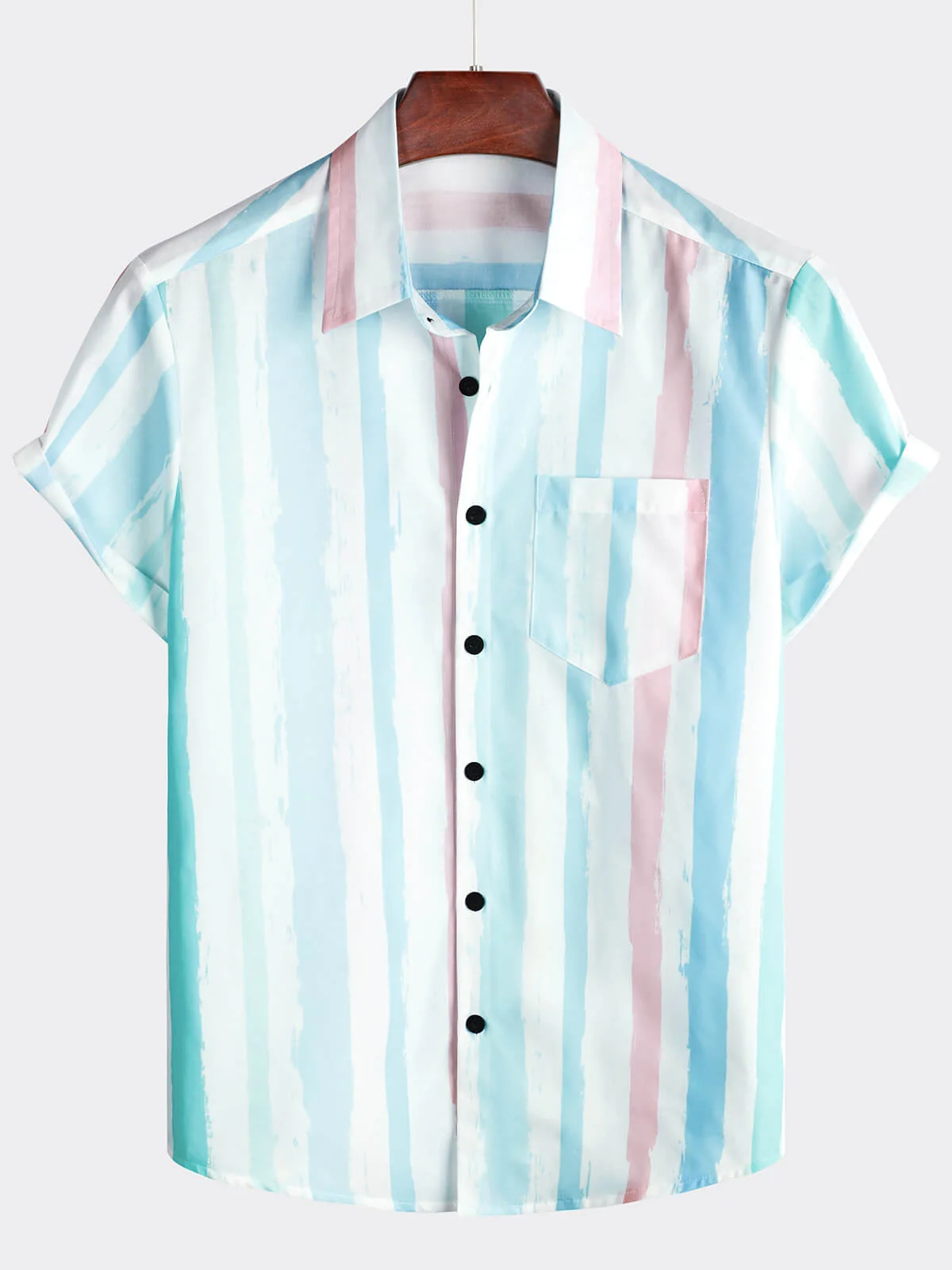 Men's Blue Pink Striped Summer Vacation Short Sleeve Shirt