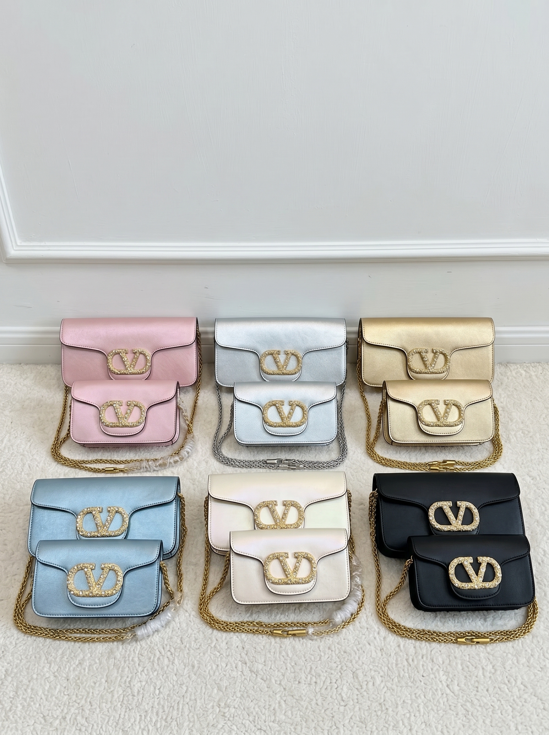 Valentino Locò Leather Rhinestone Pavé VLogo Chain Flap Horizontal Baguette Shoulder Bag - KAIROO