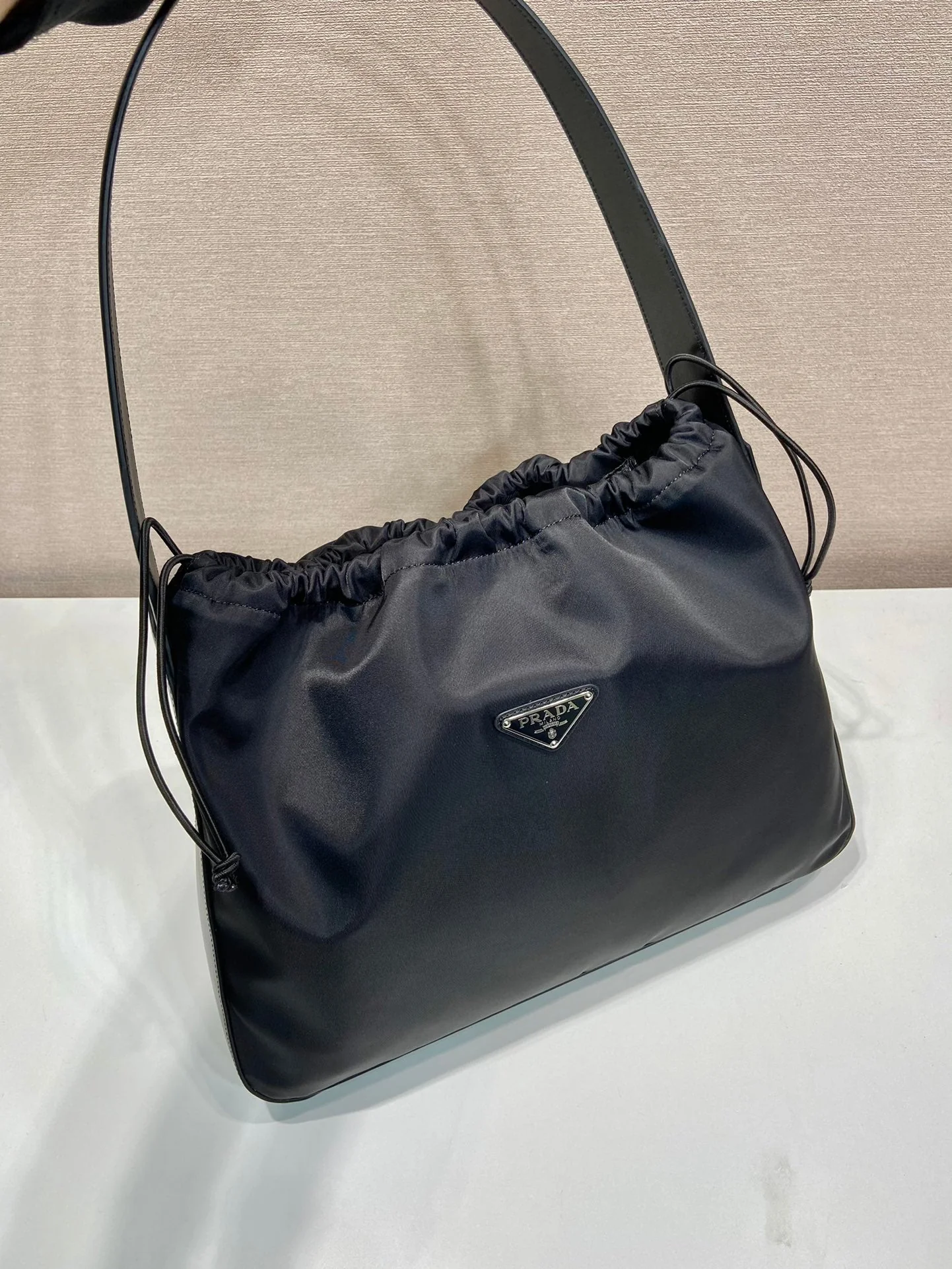 Prada LARGE DRAWSTRING BAG 37 IN BLACK RE-NYLON