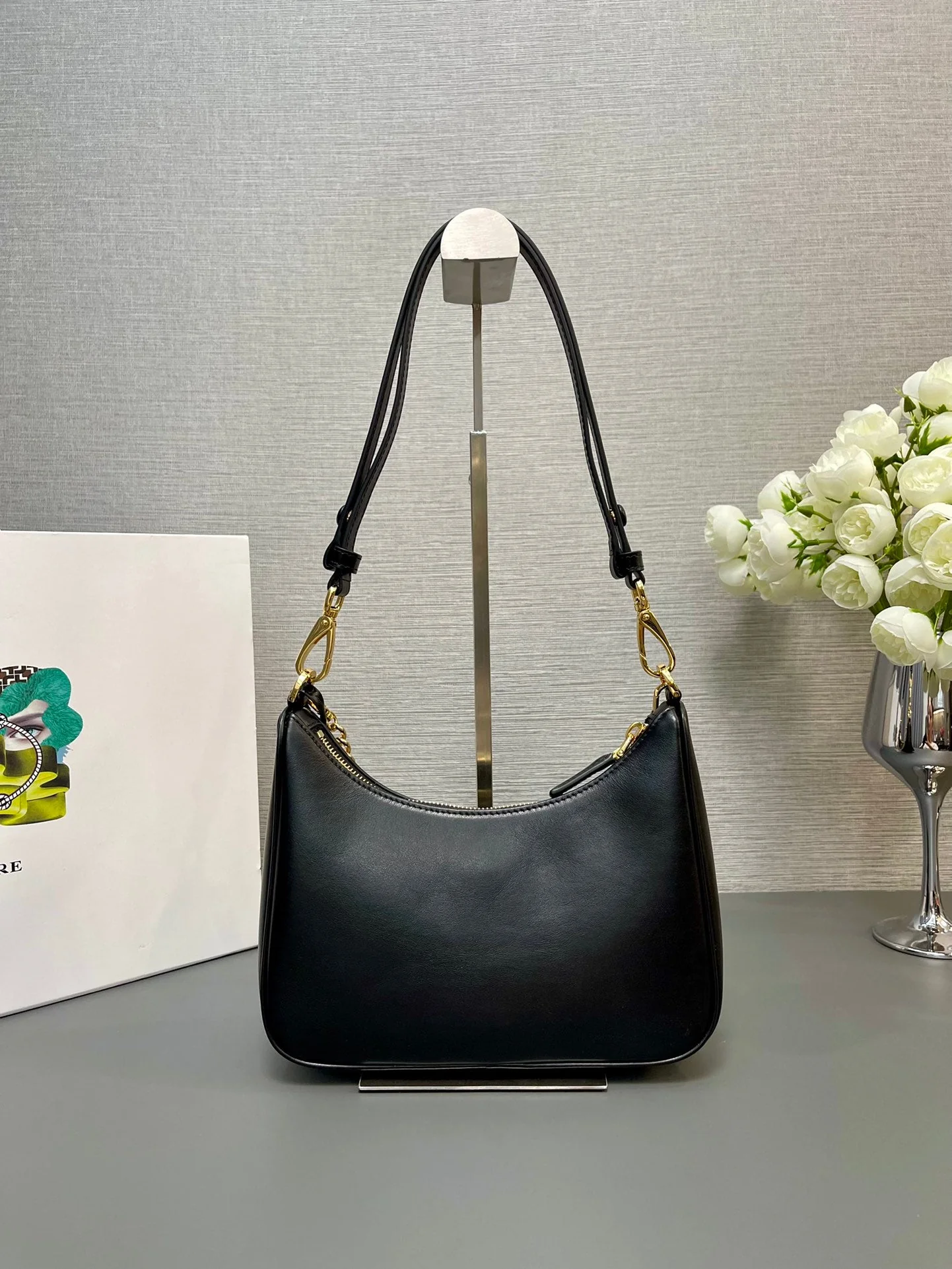 Prada HOBO BAG 23 IN BLACK SMOOTH NAPPA LAMBSKIN GOLD HARDWARE