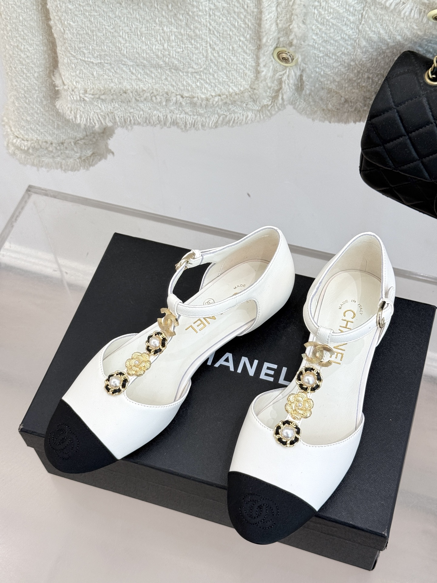 Chanel CC Camellia Pearls Logo Smooth Leather Lambskin Lining Two Tone T Strap Buckle Mary Jane Flats - KAIROO