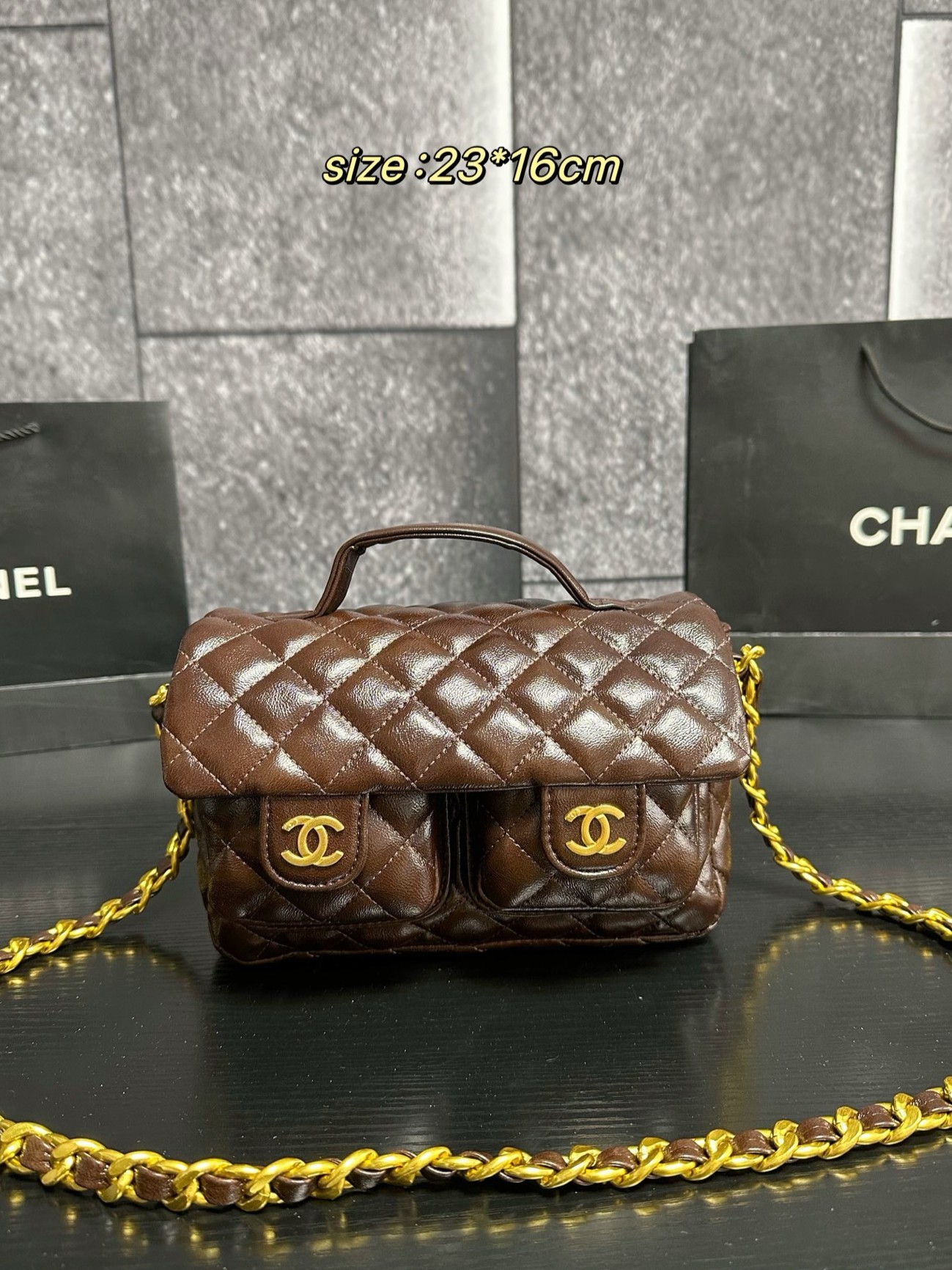 Chanel 24K Quilted Shiny Leather Dual CC Logo Front Pocket Top Handle Chain Flap Messenger Bag - KAIROO