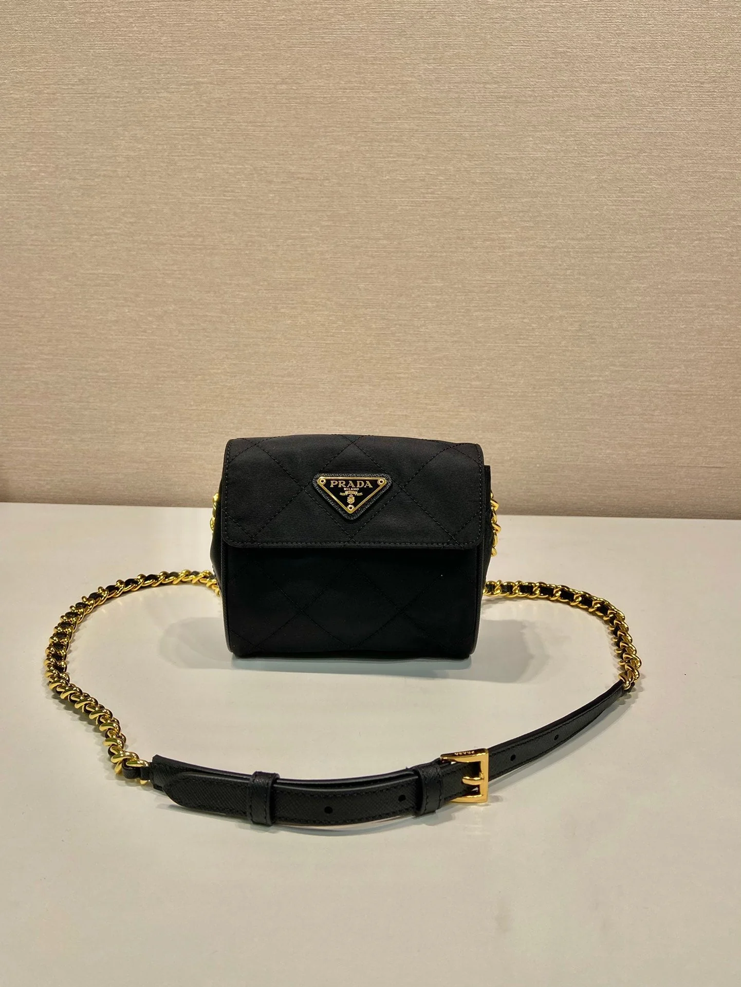 Prada MINI QUILTED FLAP BAG 14 IN BLACK RE-NYLON FABRIC GOLD CHAIN