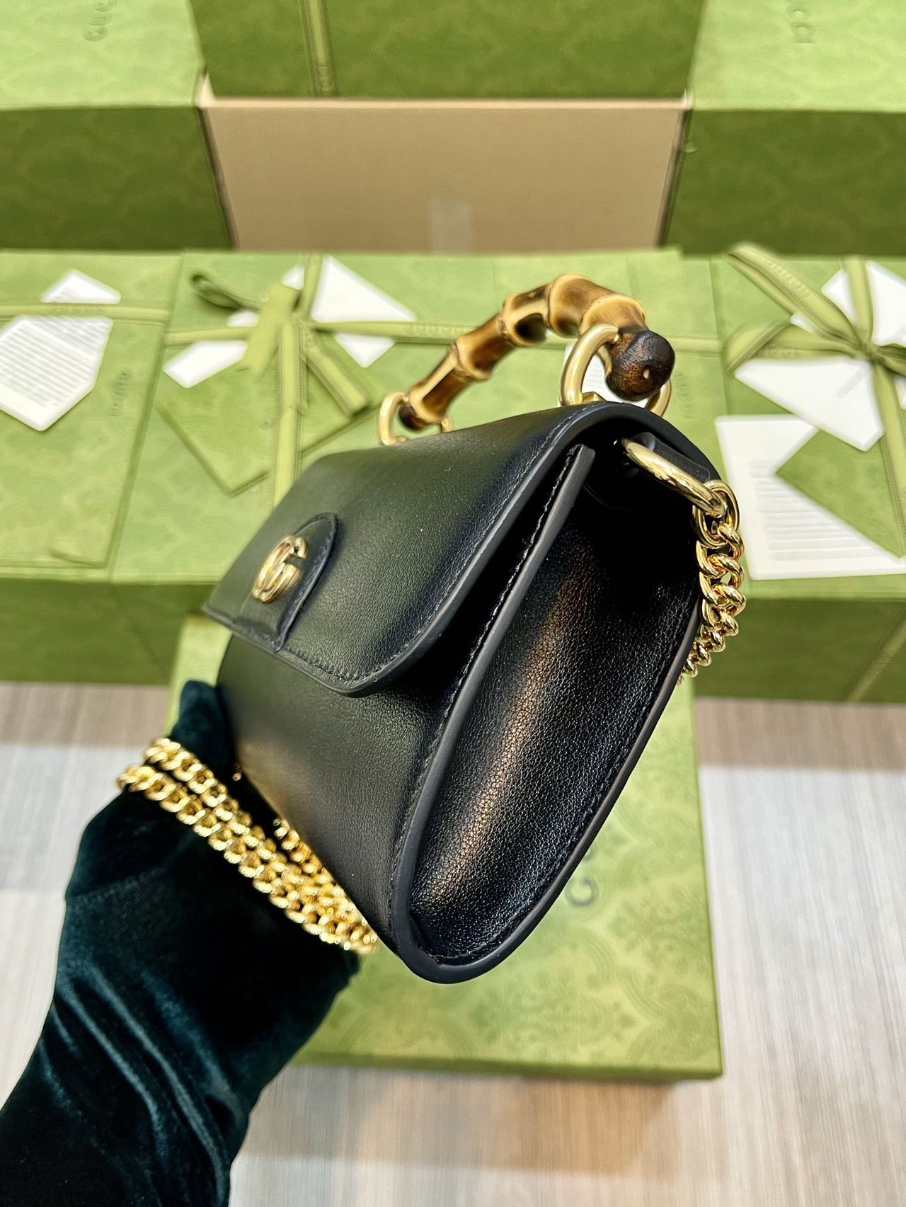 GUCCI bamboo joint double G chain baguette bag