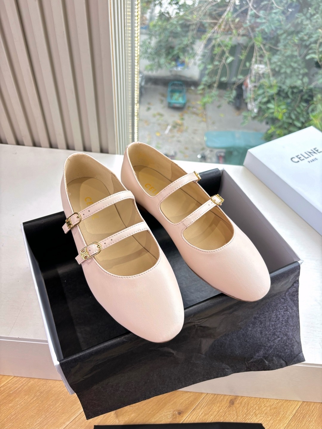 Celine Leather Triomphe Buckle Double Strap Round Toe Mary Jane Flats - KAIROO