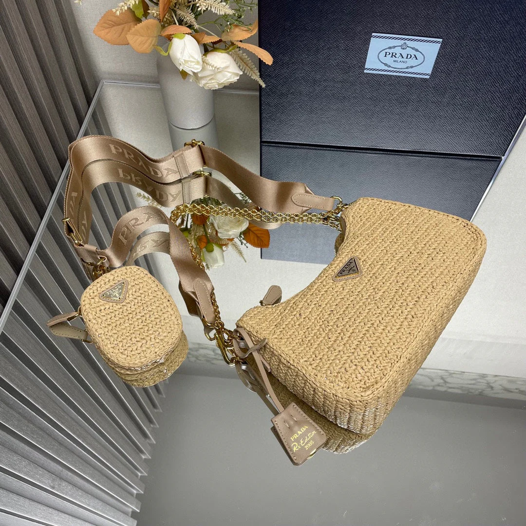 Prada  WOVEN HOBO BAG 23 IN BEIGE RAFFIA GOLD HARDWARE TRIANGLE LOGO