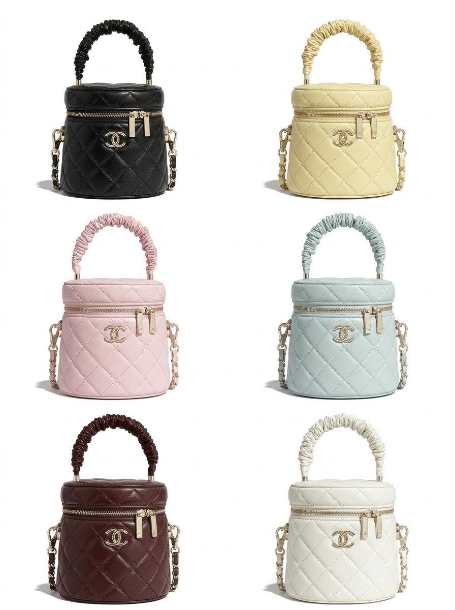 Chanel Ruched Handle Bucket Vanity Diamond Quilted Leather Mini Cosmetic Bag - KAIROO