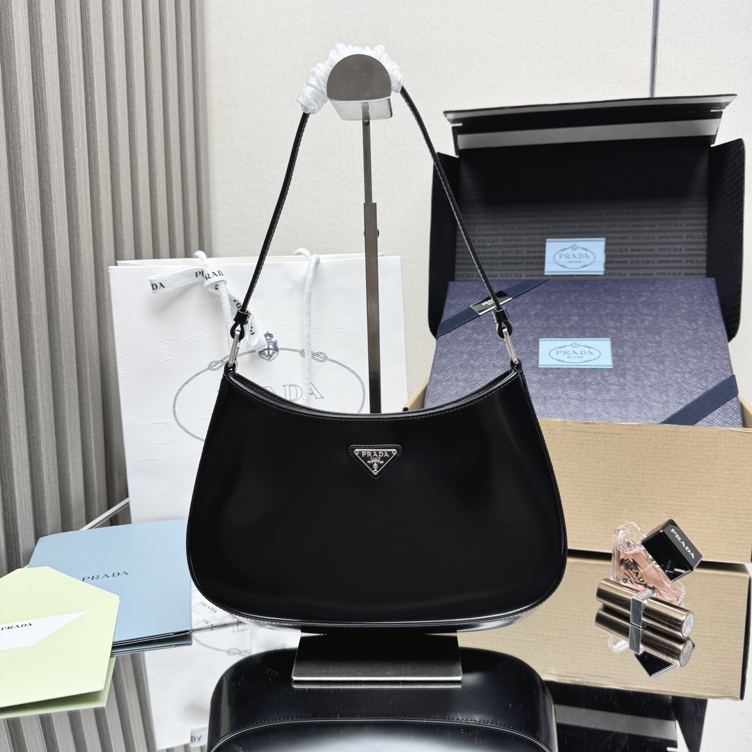 Prada Cleo brushed leather shoulder bag-Black 1BC499