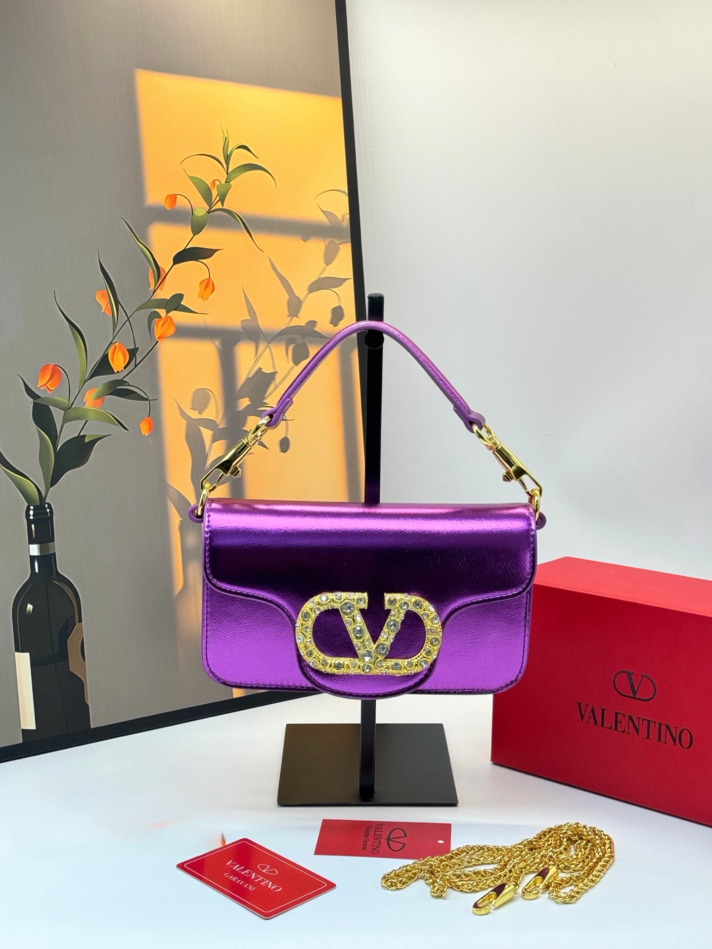 Valentino Garavani Loco Metallic Magenta Small Crystal VLogo Leather Chain Shoulder Baguette Bag - KAIROO