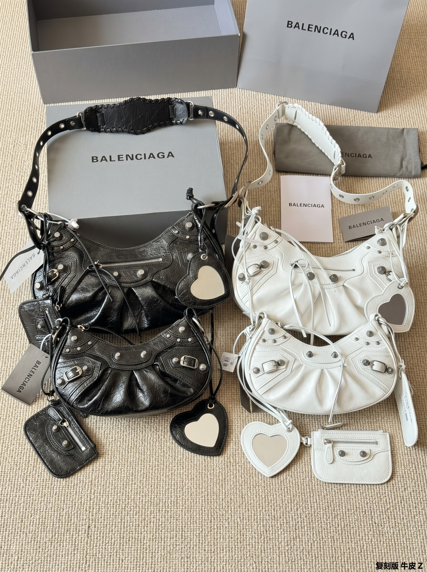Balenciaga Le Cagole Black/White Crinkled Leather Studded Purse& Heart Mirror Charm Hobo Shoulder Bag - KAIROO