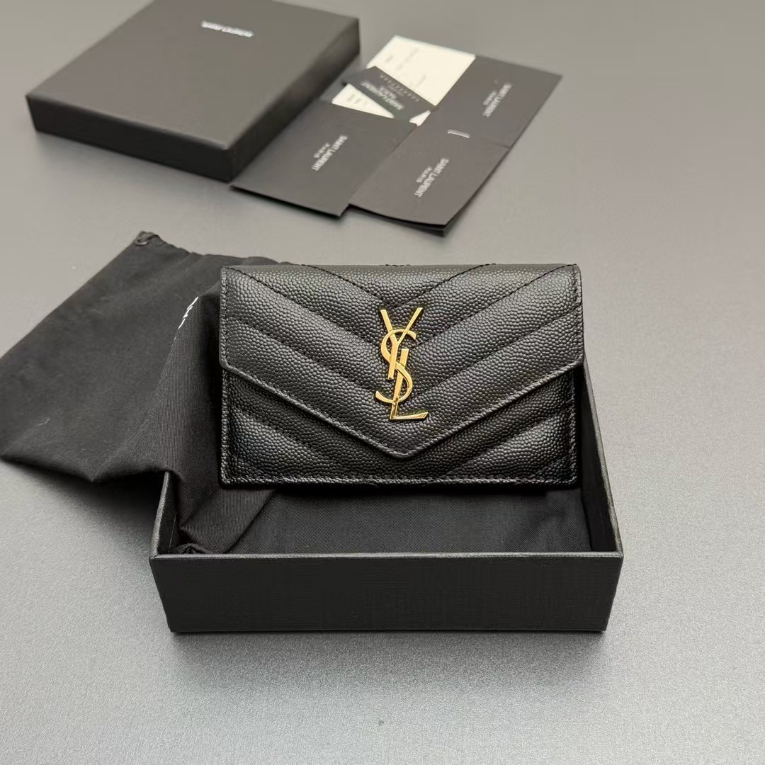 Saint Laurent Black Cassandre Card Case in grained leather