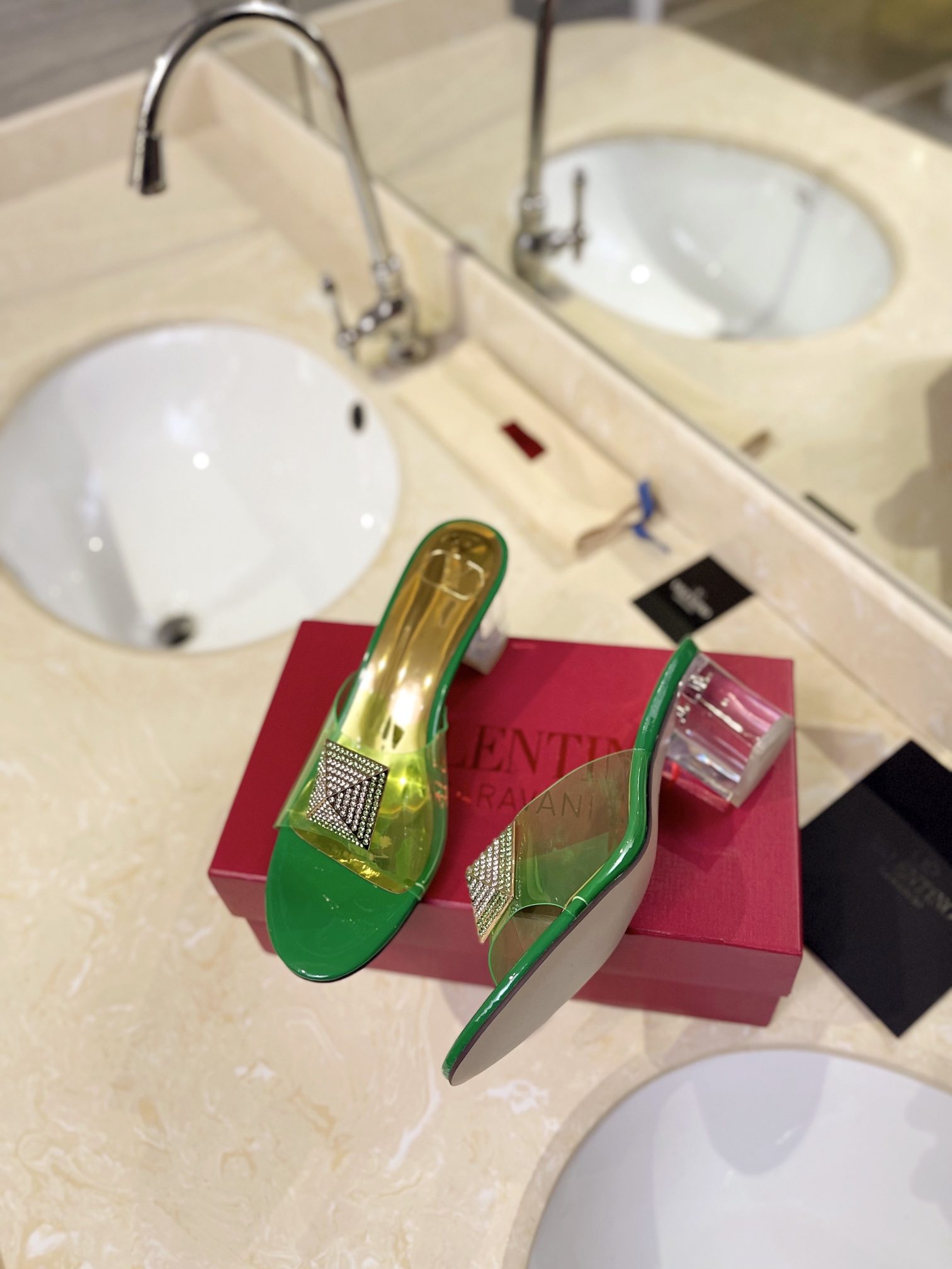 Valentino Rockstud Spike Green Leather Insole Square Crystal Stud Clear PVC Strap Block Slip-on Mules Heels - KAIROO