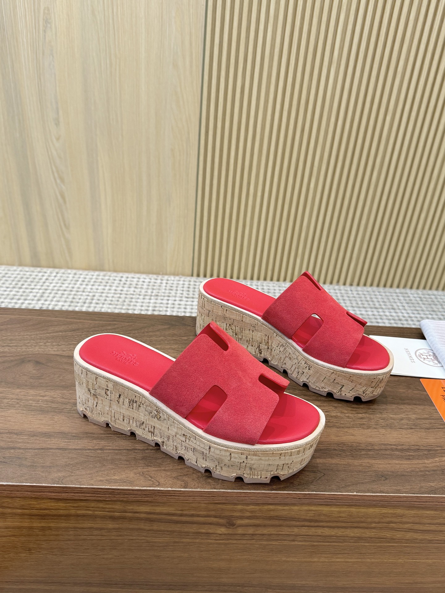 Hermes Red Suede Leather H-Cutout Cork Sole Slide Sandal - KAIROO