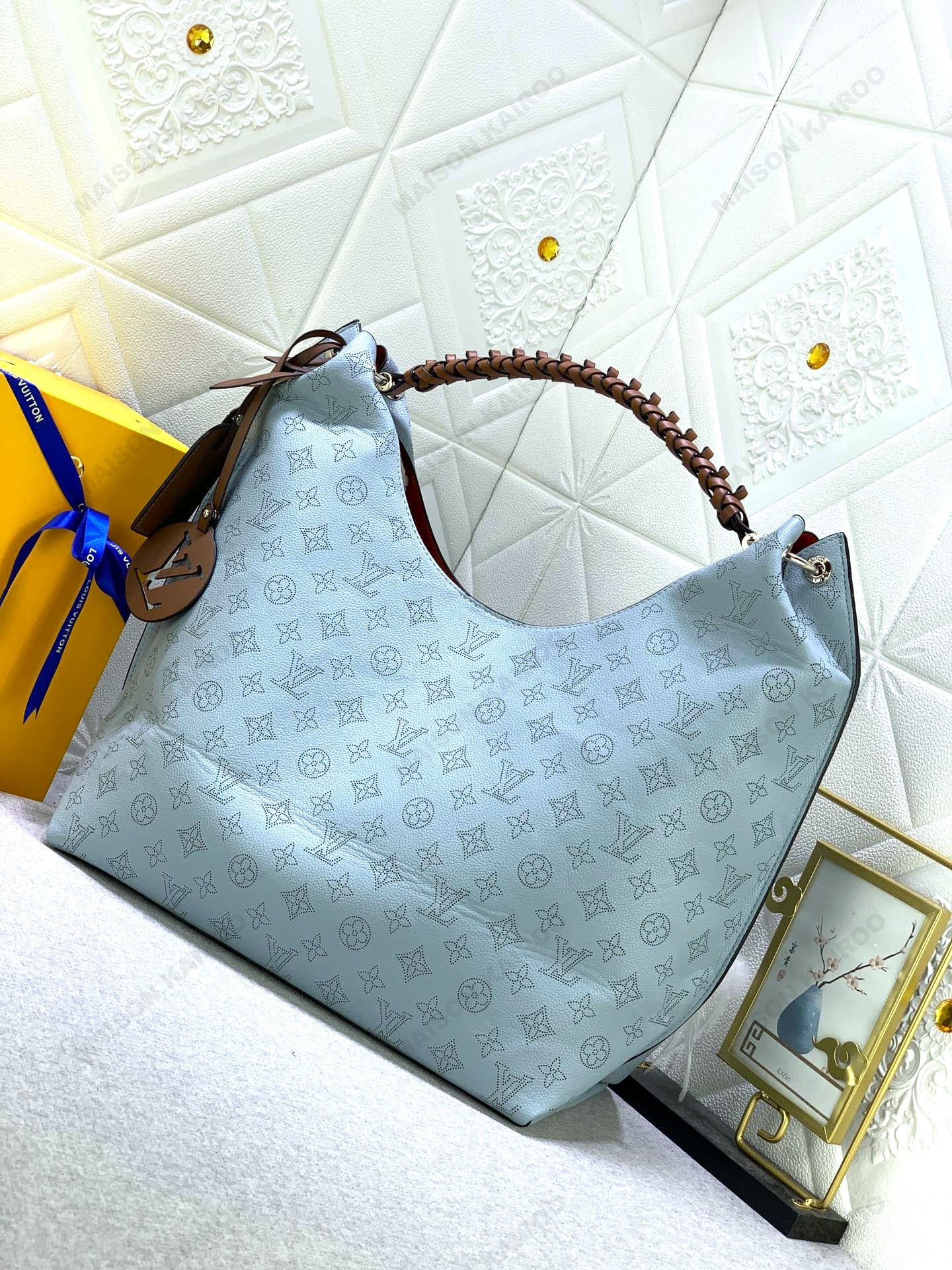 Louis Vuitton LV Mahina Hobo Moon Goddess Blue Dense Monogram Leather Braided Handle Shoulder Tote Bag - KAIROO