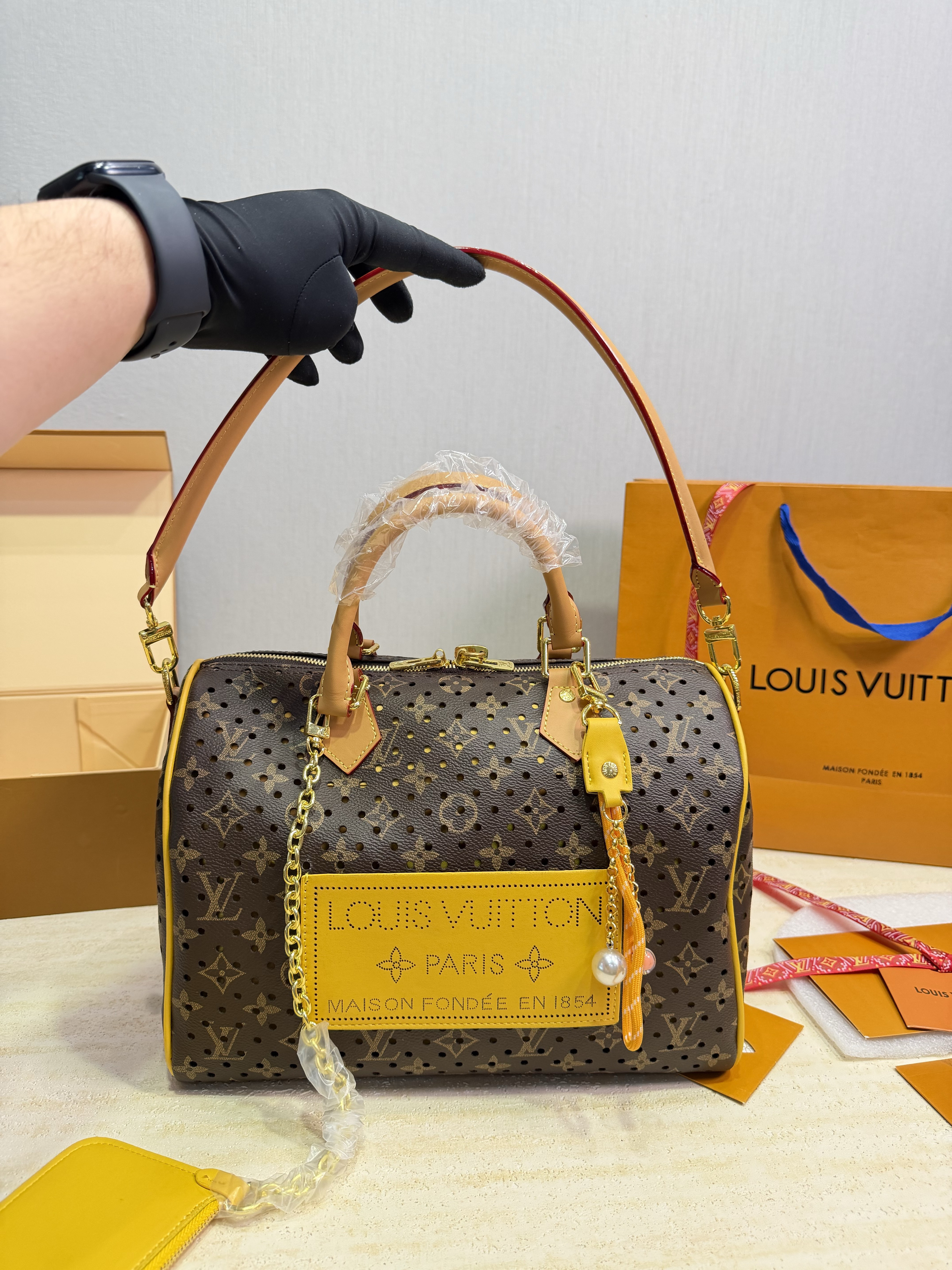 Louis Vuitton LV Speedy 30 Perforated Monogram Leather Patch Neon Yellow Piping Boston Top Handle Bag - KAIROO