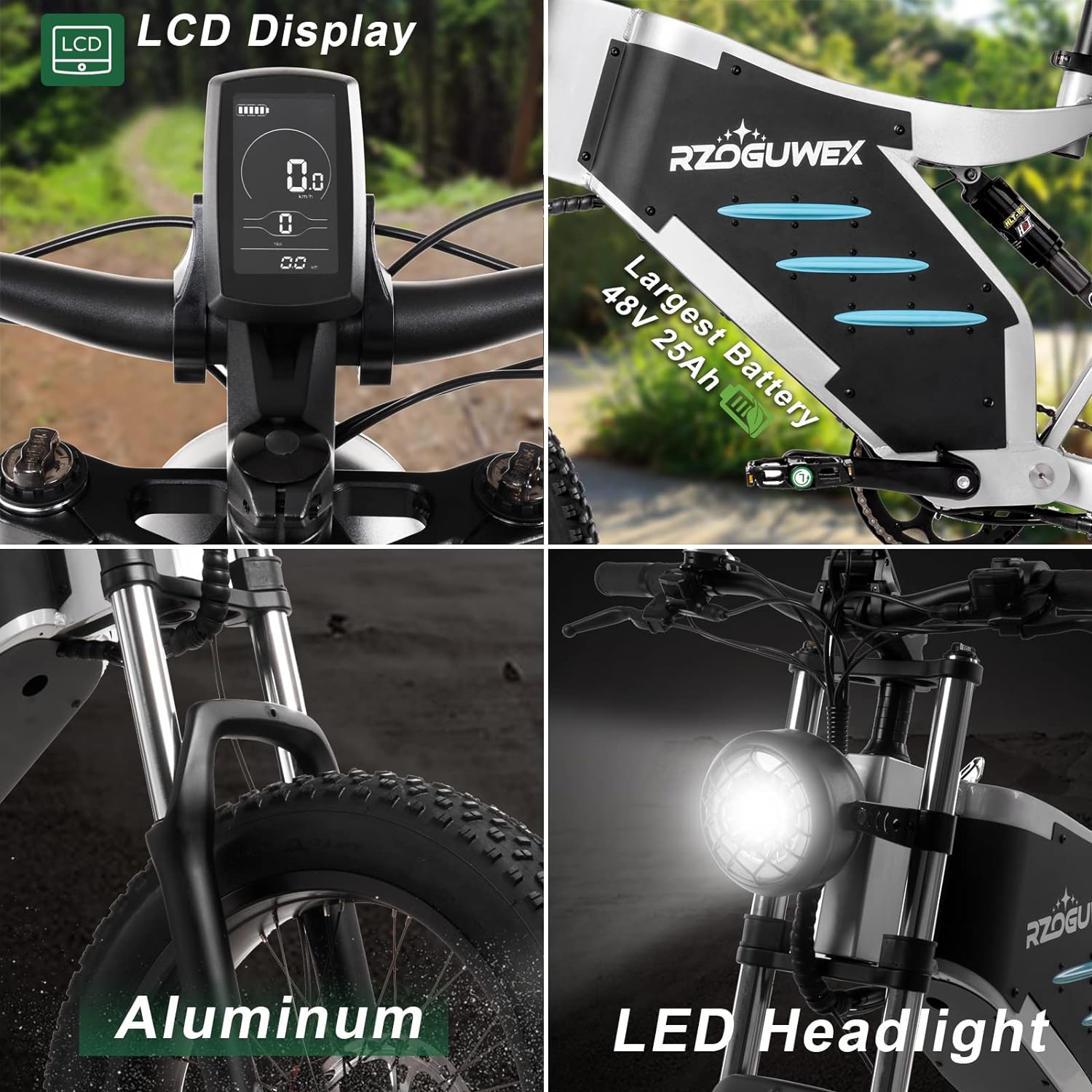 RZOGUWEX Electric Bicycle, 20 Inch Off-Road EBIKE for Adults with Removable 48V 25Ah Lithium-Ion Battery, 7-Speed ​​Snow Bike with Double Shock Absorbers and Brushless Motor