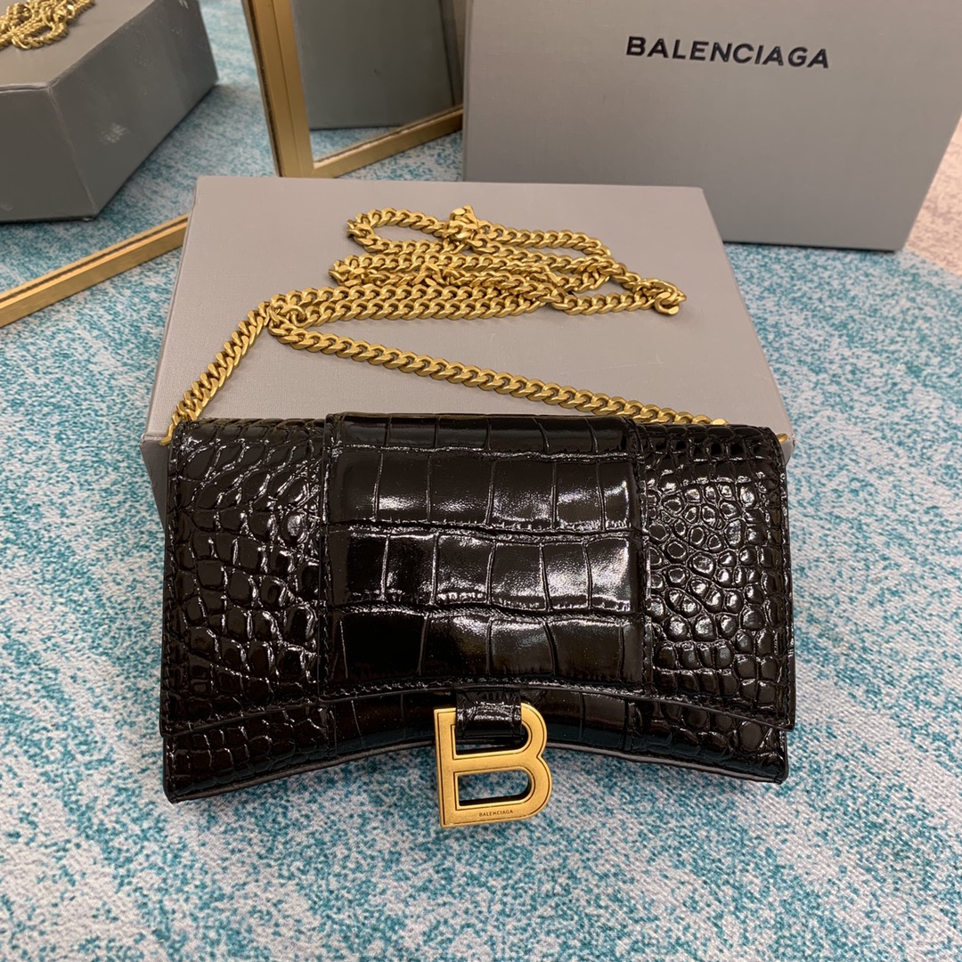 𝐁alenciaga Hourglass Wallet on Chain in black crocodile embossed calfskin