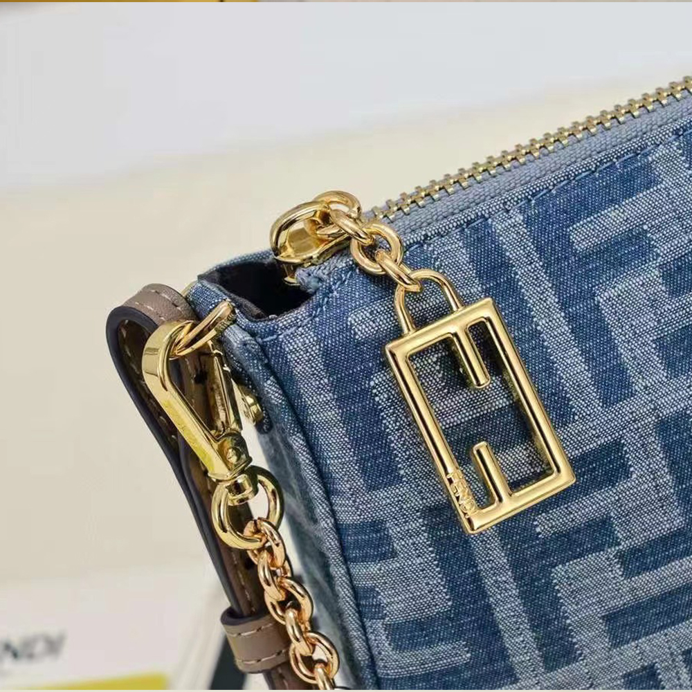 Fendi Baguette Light blue FF chain denim clutch bag