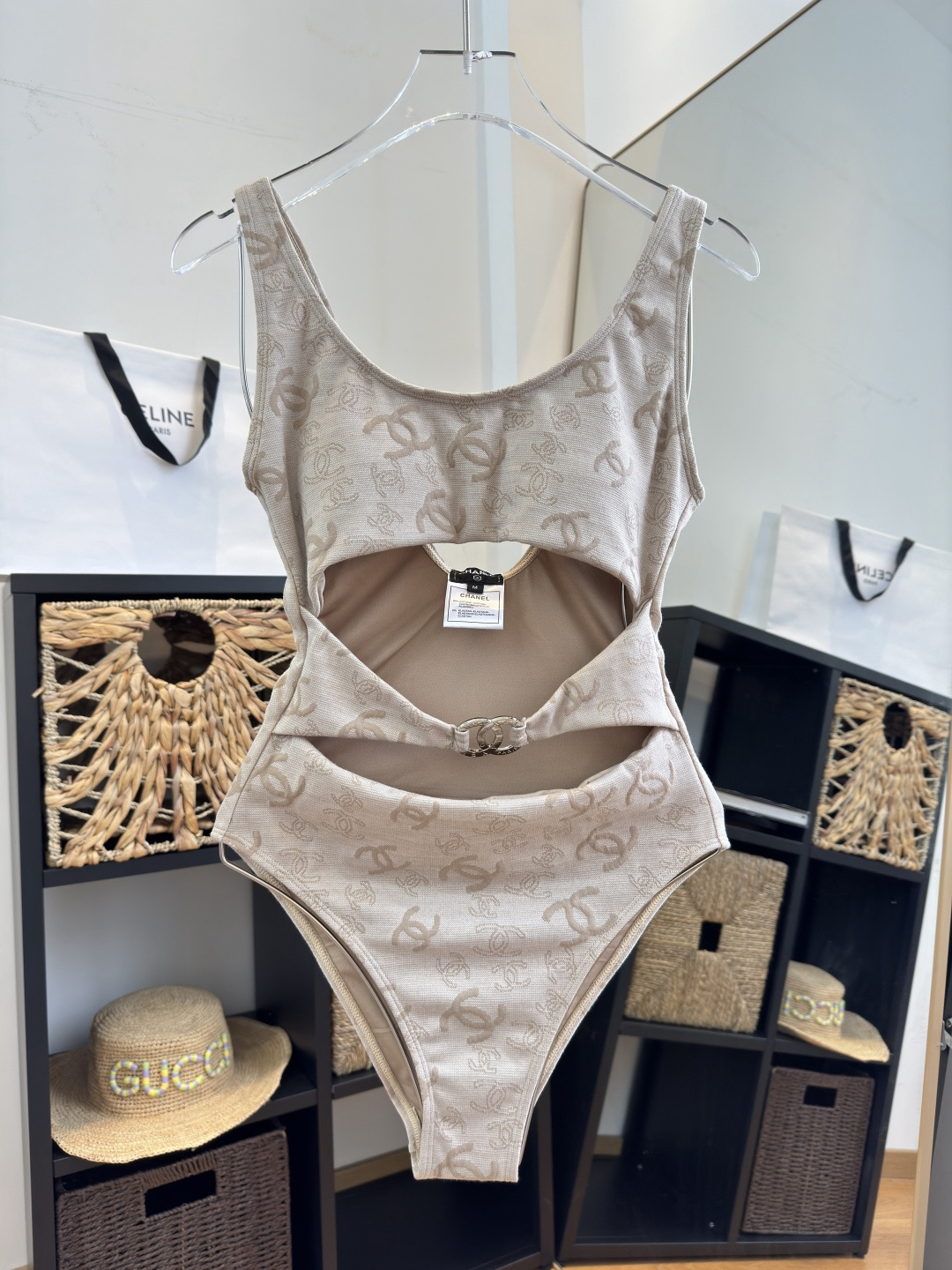 Chanel CC Logo Monogram Embossed Waist Cutout U-neck One-Piece Swimsuit/Beige - KAIROO