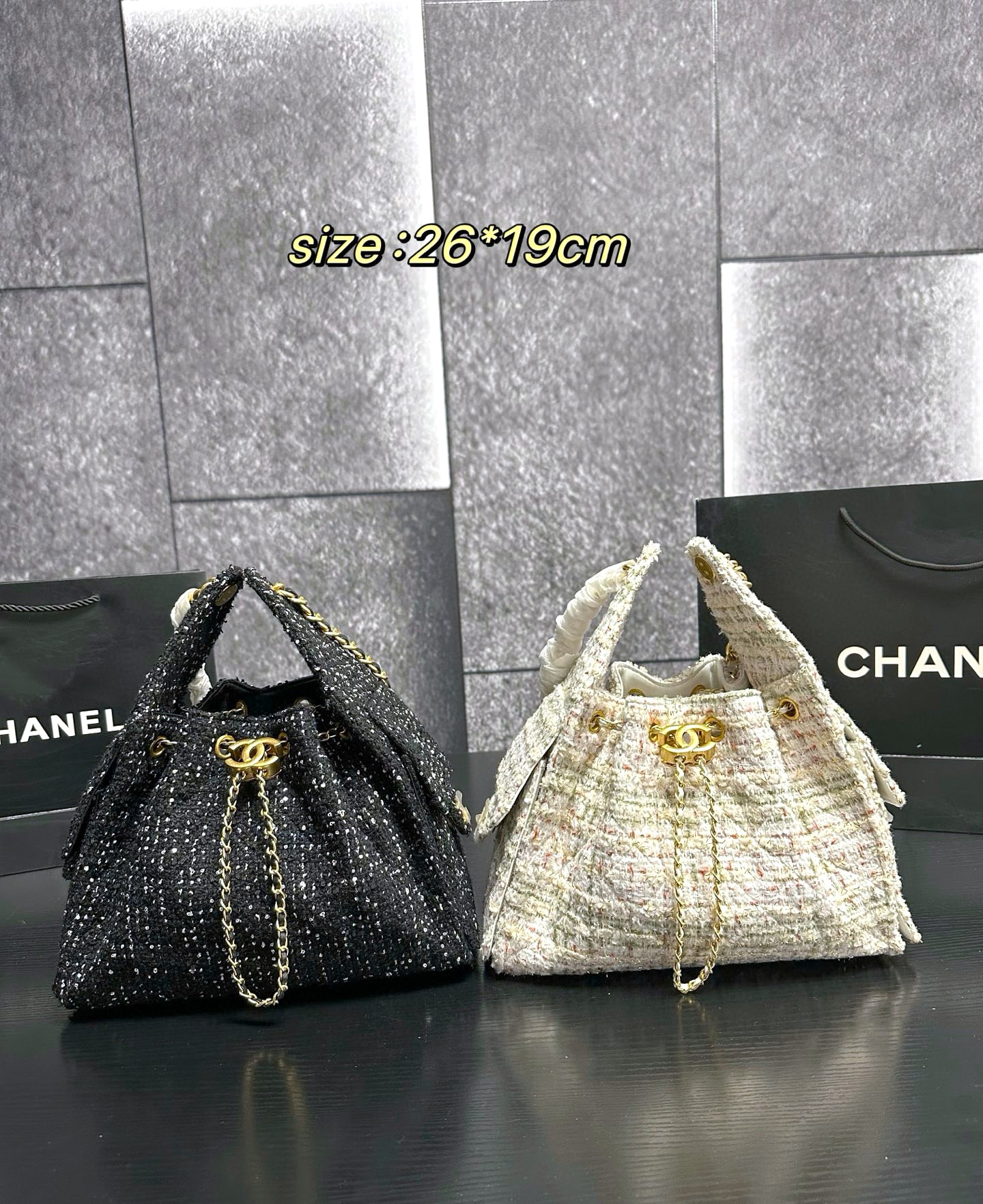 Chanel 25C Tweed Drawstring Diamond Quilted Multi-Pocket Top Handle Bucket Bag - KAIROO