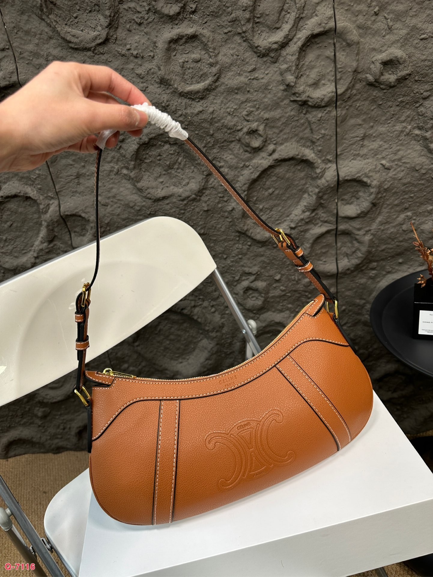 Celine Triomphe Canvas Leather Trim Gold Foil Logo Zip Closure Long Crescent Hobo Shoulder Bag - KAIROO