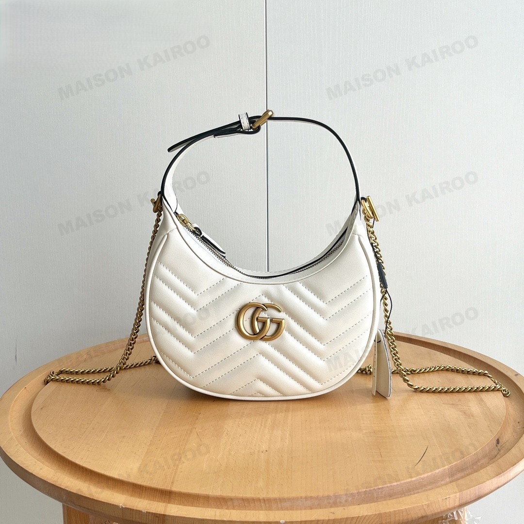 Gucci GG Marmont Small Matelassé Chevron Smooth Leather Logo Crescent Moon Hobo Shoulder Bag - KAIROO