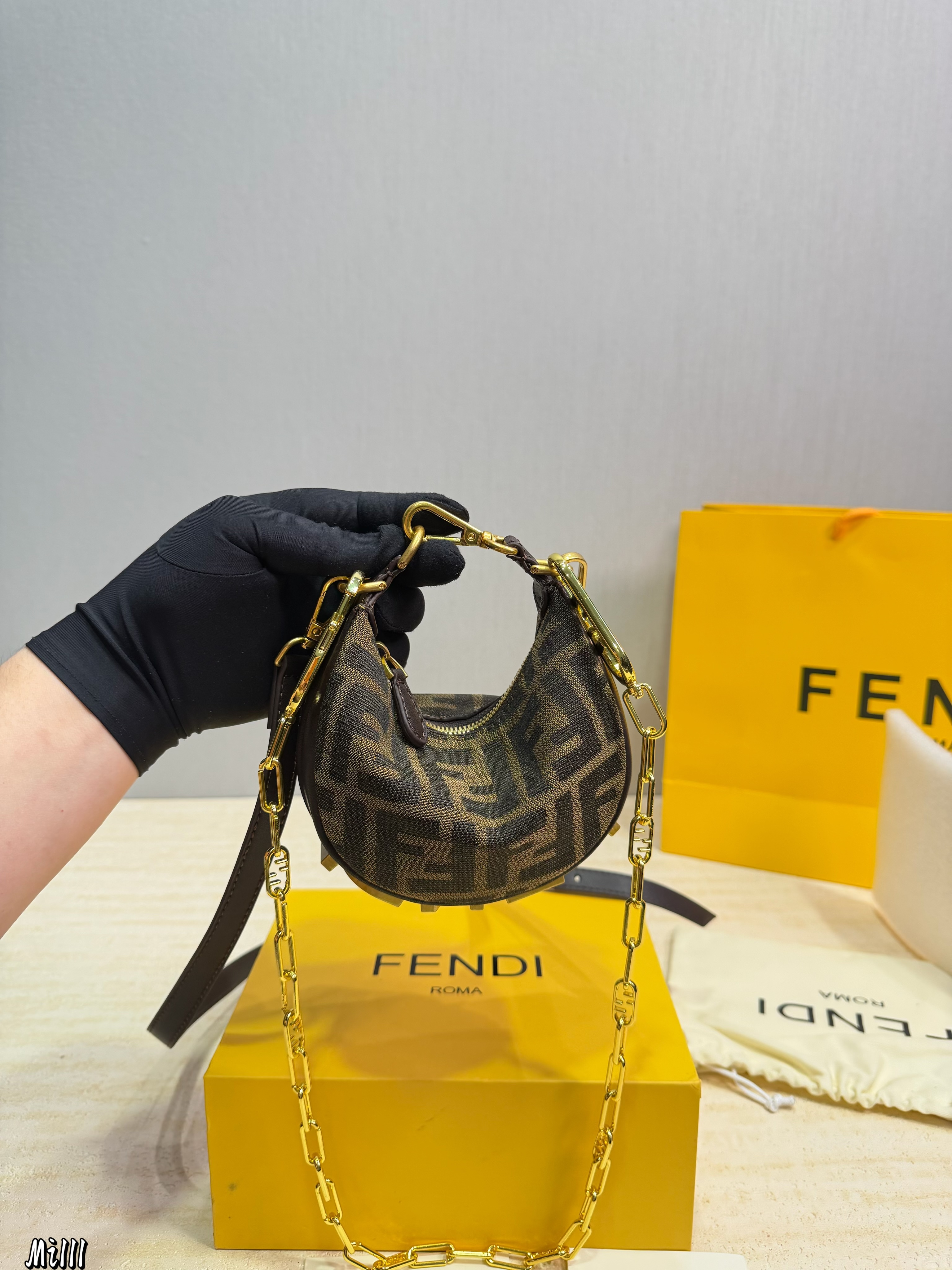 Fendi Fendigraphy FF Nano Brown Jacquard Crescent Hobo Bottom Gold Lettering Logo Shoulder Bag - KAIROO