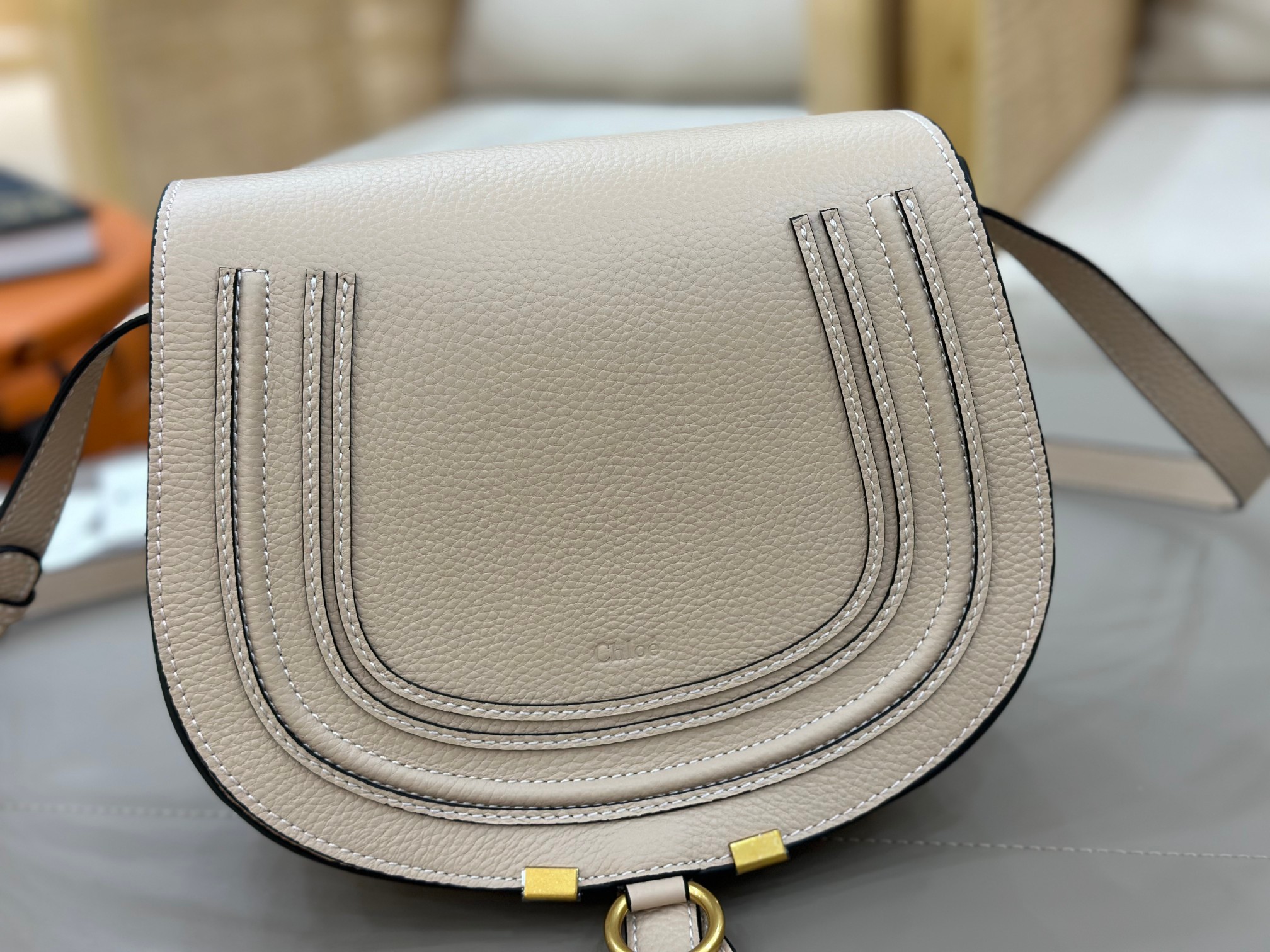 Chloe Marcie Saddle Bag in Grained Calfskin-Beige
