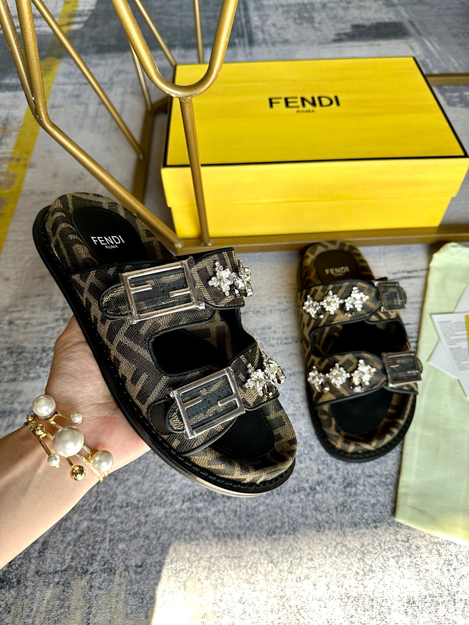 Fendi FF Brown Jacquard Monogram Canvas Crystal Flower Embellishmen Dual Buckle Strap Slide Sandal - KAIROO