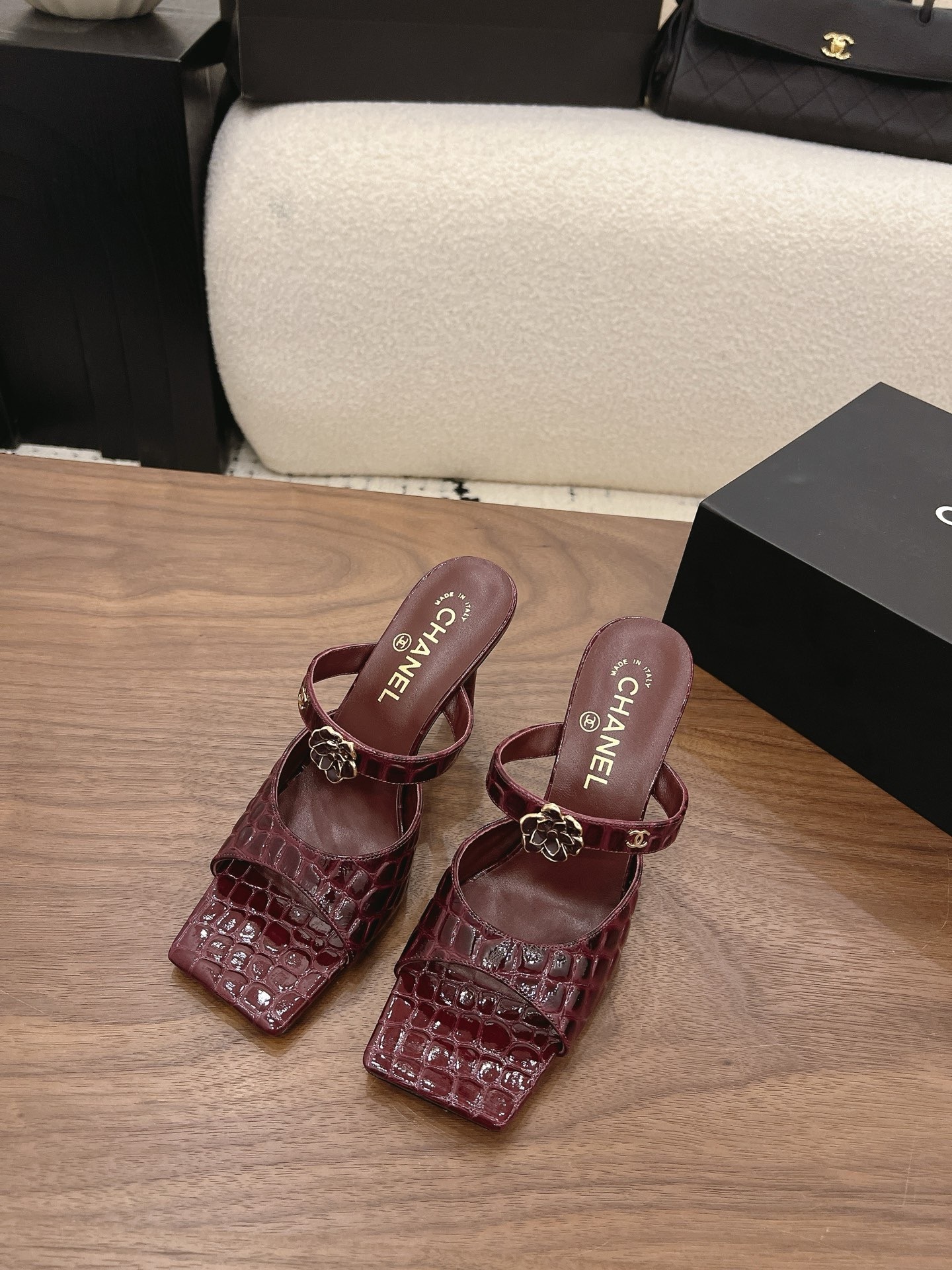 Chanel 26K Burgundy Camellia Buckle Croc-Embossed Leather Square Toe Sandals Mules Heels - KAIROO