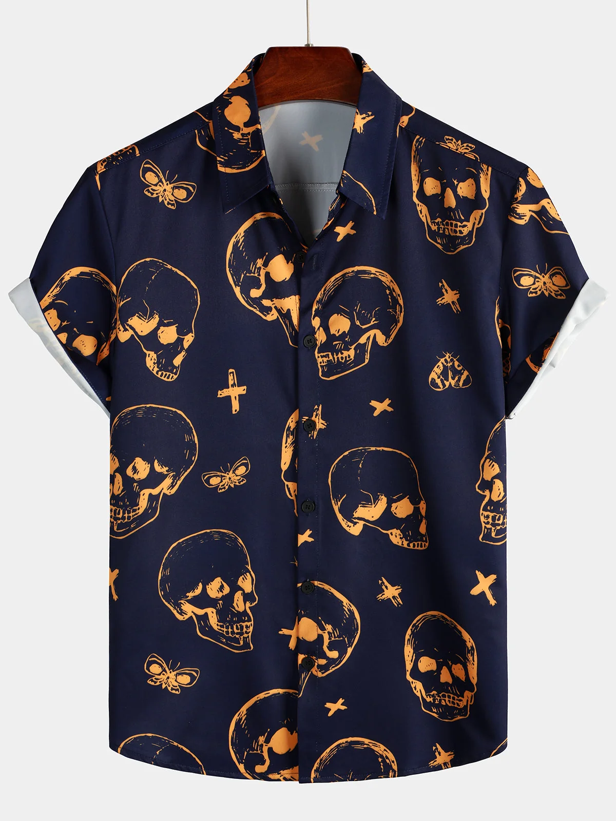 Men's Orange Skull Print Aloha Hawaiian Short Sleeve Shirt