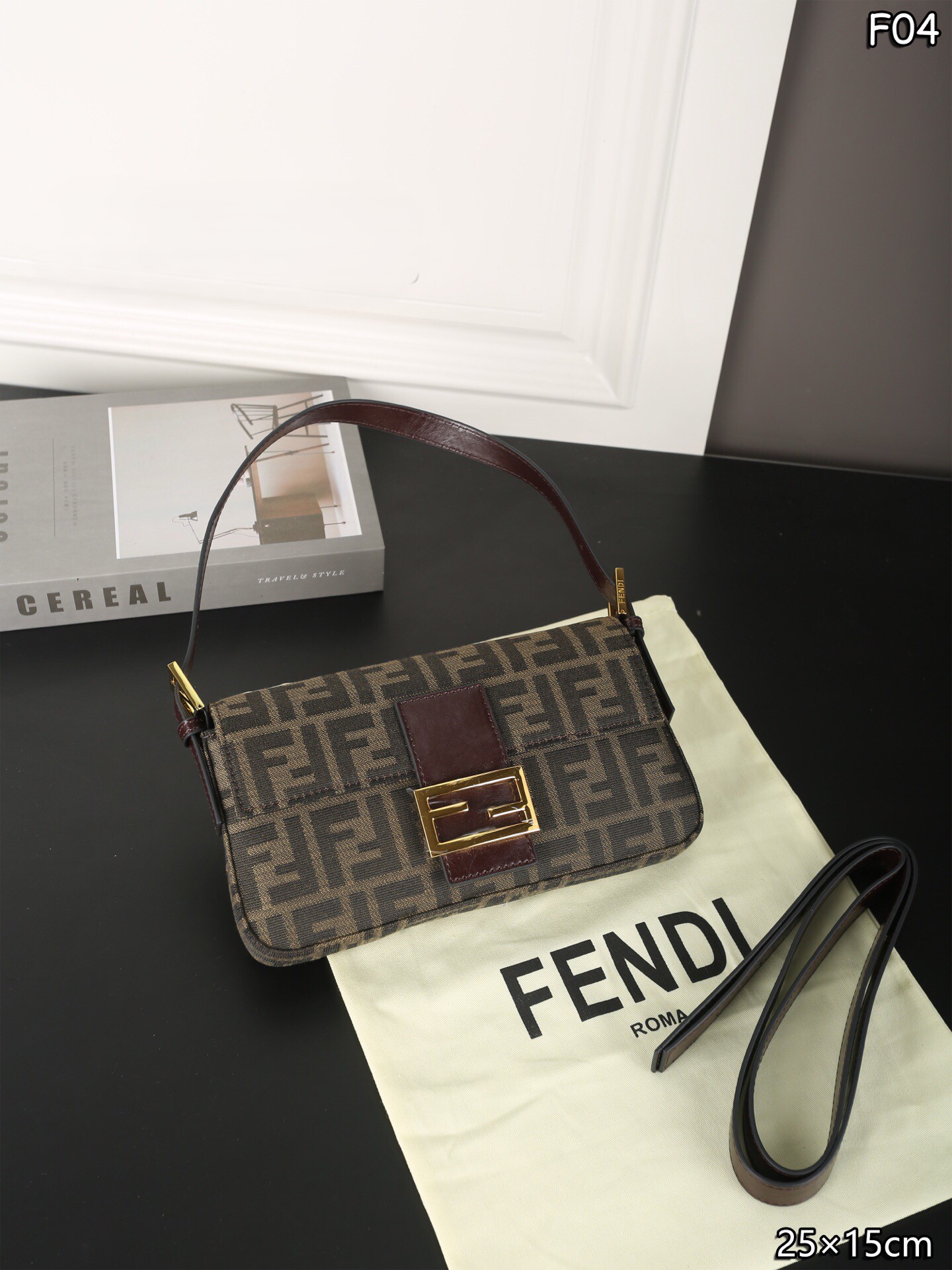 Fendi Monogram Brown Rectangular Baguette Canvas Shoulder Bag - KAIROO