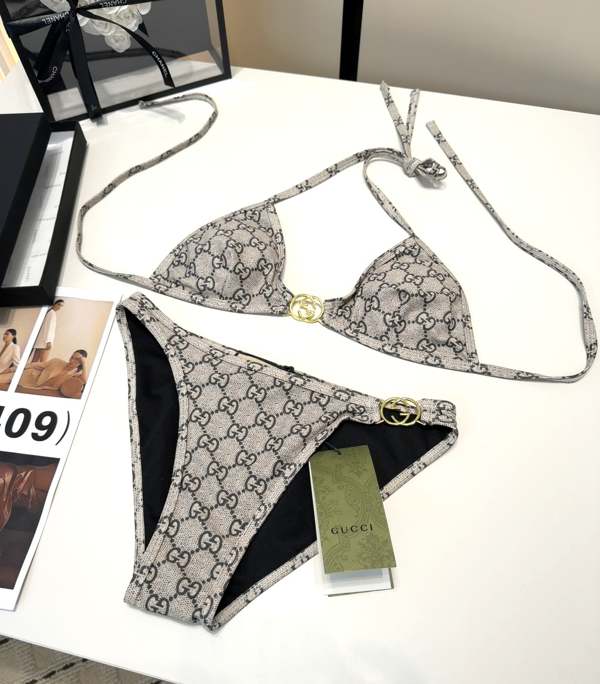 Gucci GG Monogram Print Interlocking G Clasp Bikini Set Swimwear/Beige - KAIROO