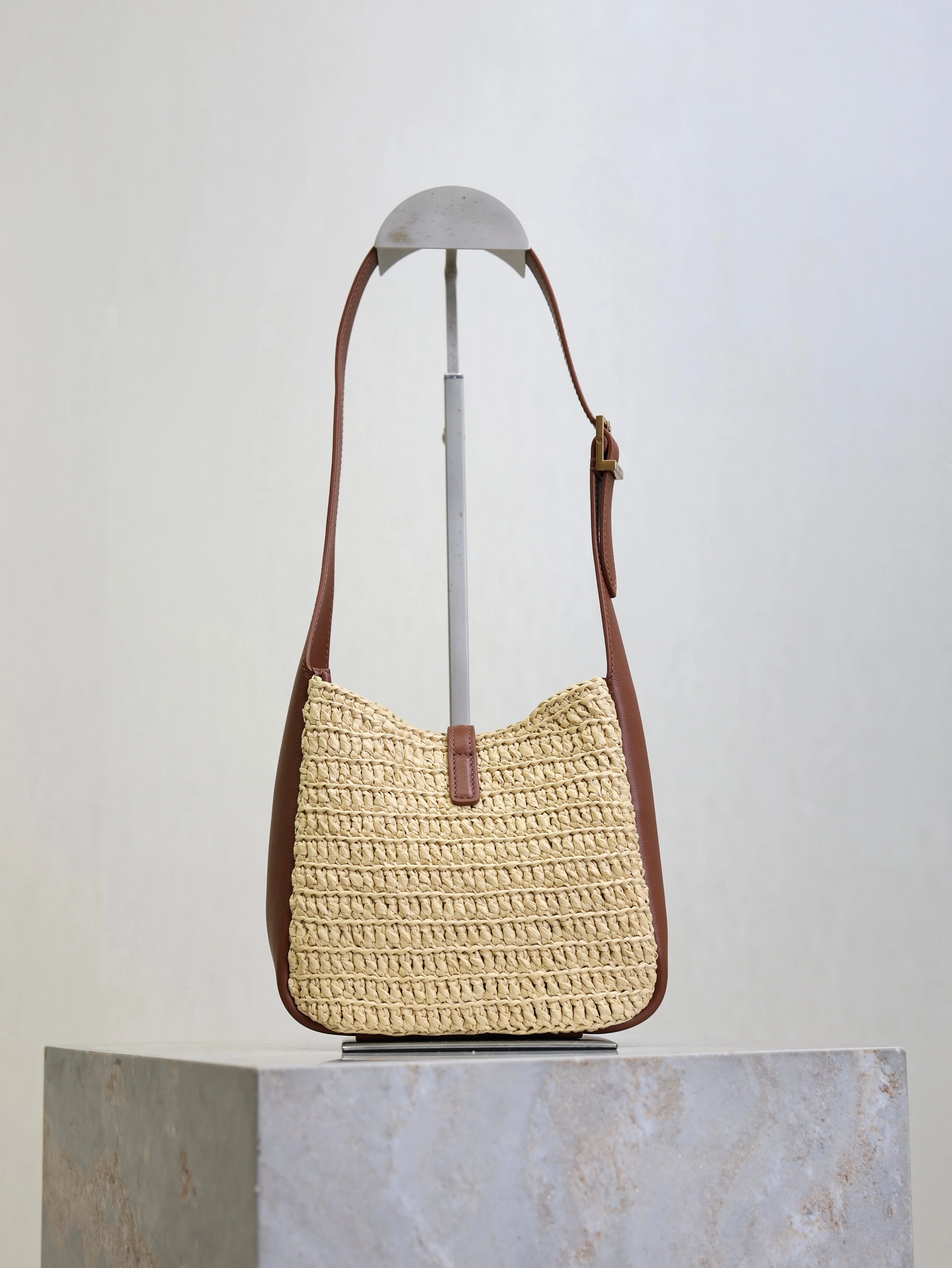 Saint Laurent YSL LE 5A7 Mini 15cm Brown Beige Raffia Leather GHW