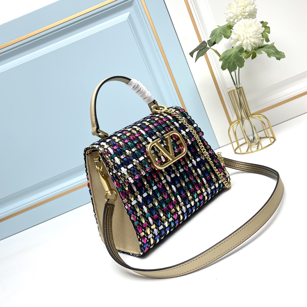 Valentino VLogo Signature Multicolor Embroidered Woven Leather Top Handle Shoulder Crossbody Bag - KAIROO