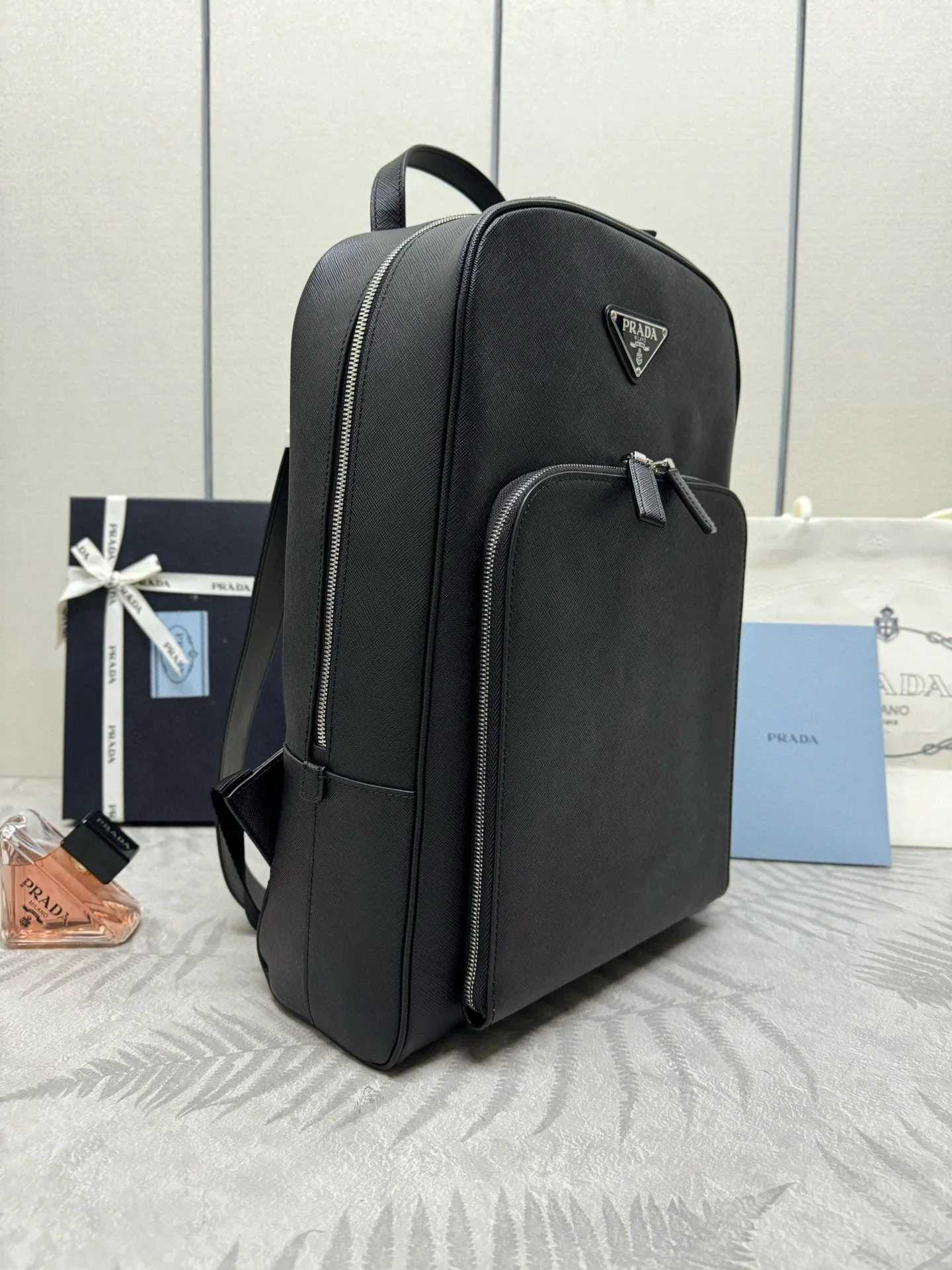 Prada Triangle-Logo Zipped Backpack Black Saffiano leather