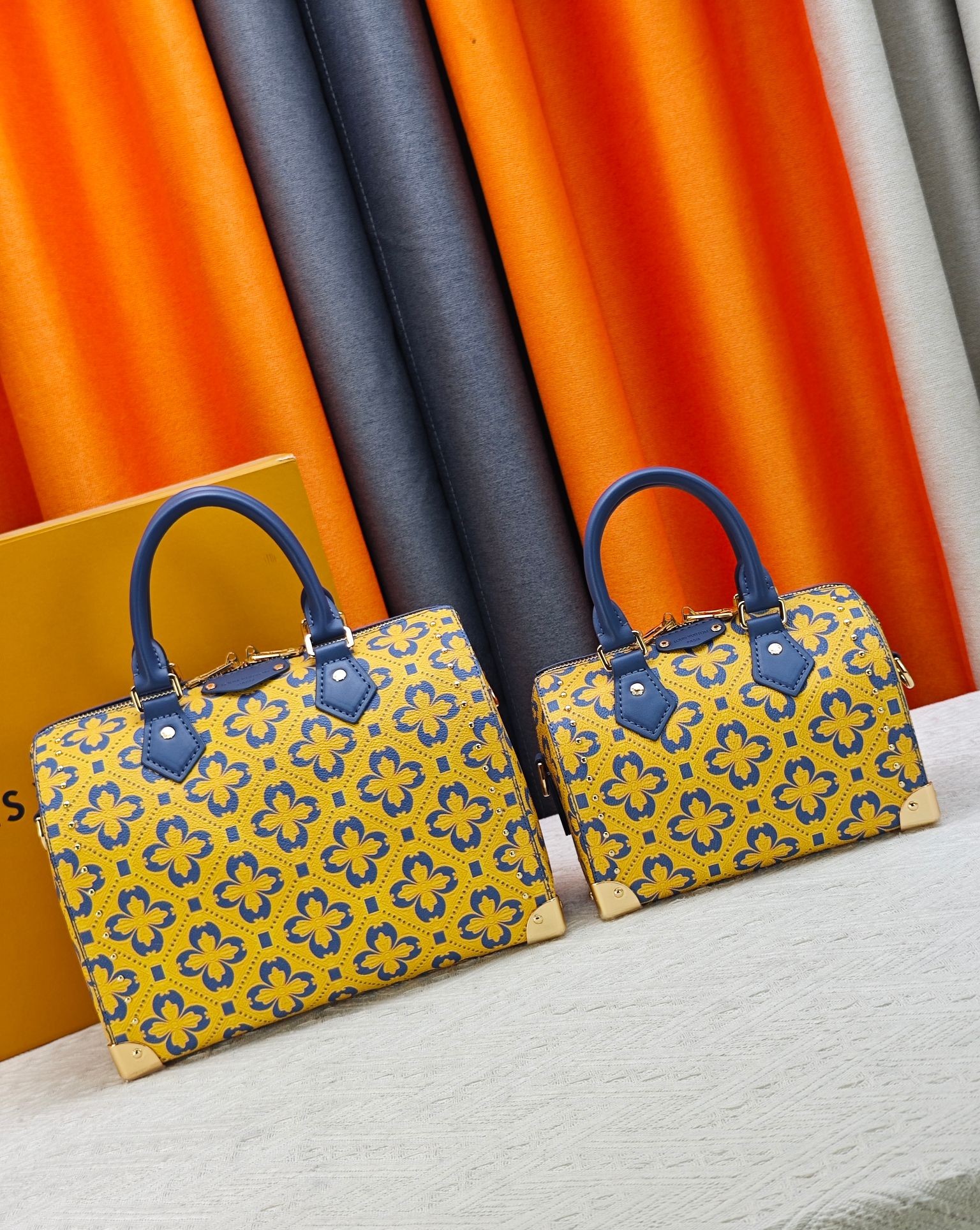 Louis Vuitton LV Speedy 20/26 Trunk Monogram Heritage Yellow Blue Leather Studded Boston Top Handle Bag - KAIROO