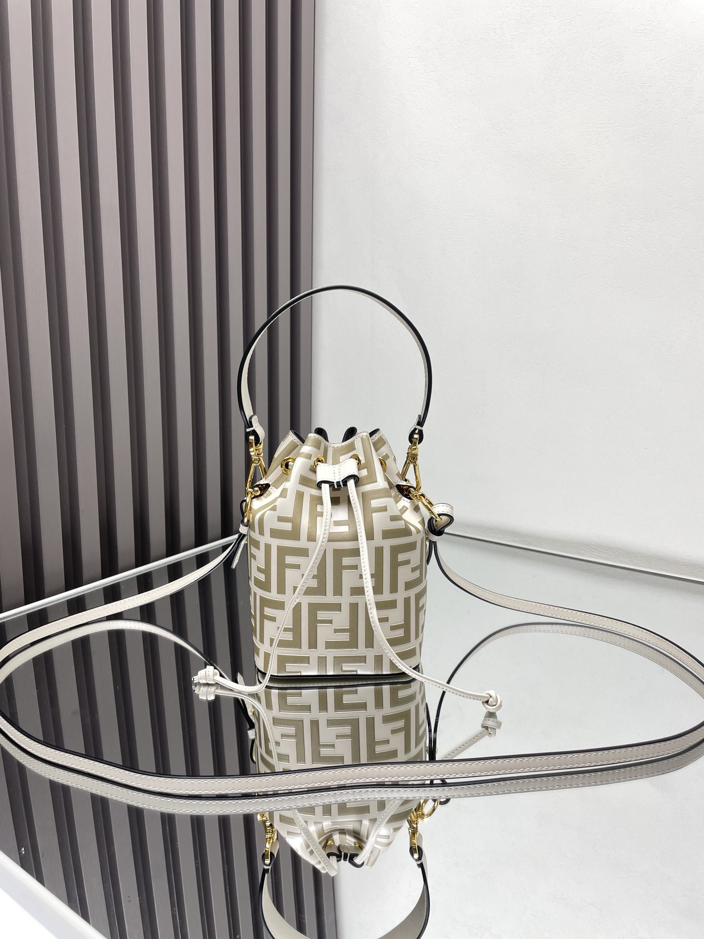 Fendi White FF Monogram Drawstring Bucket Bag - KAIROO