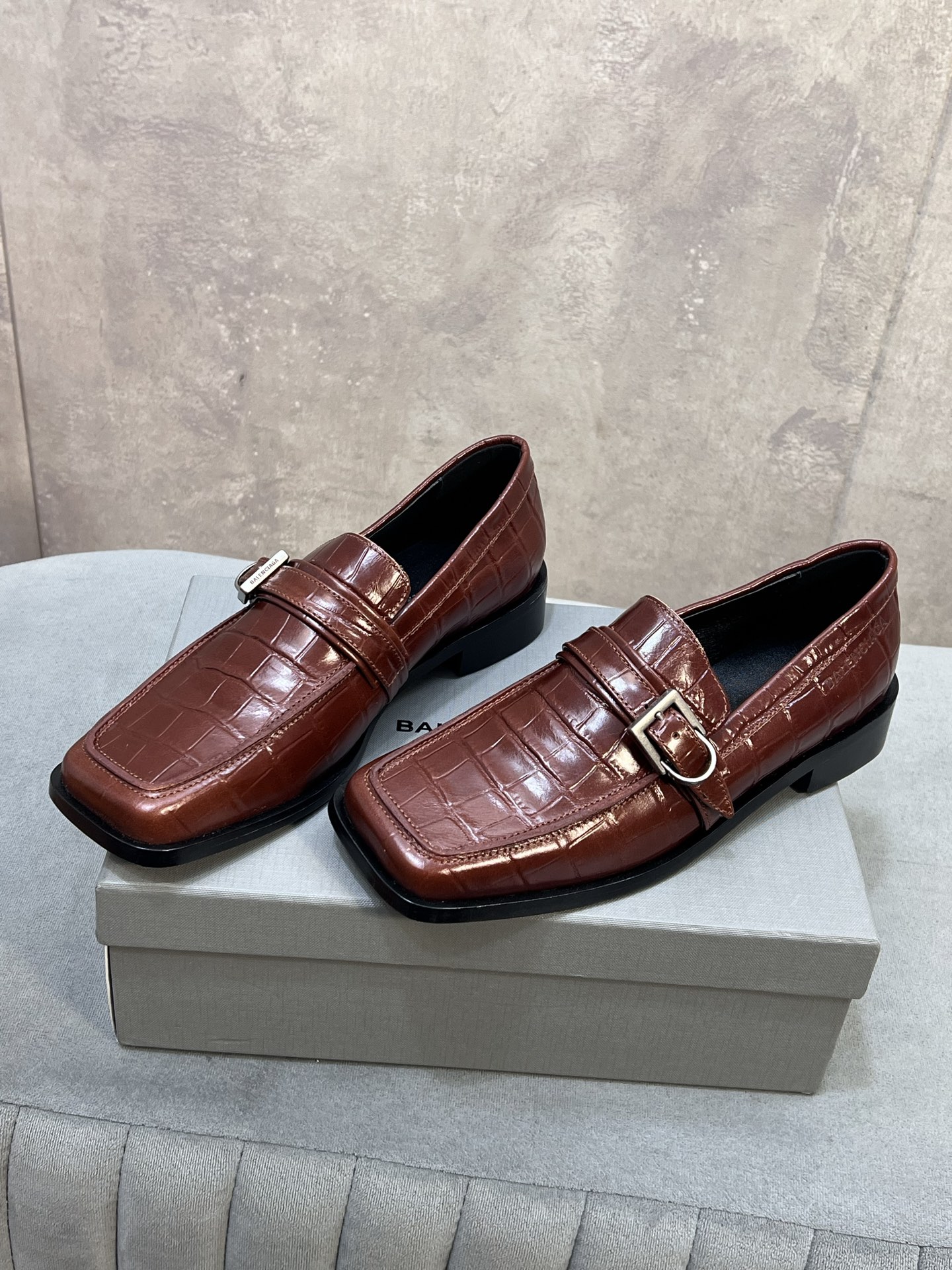 Balenciaga Cognac Brown Croc-Effect Embossed Leather Metal Buckle Square Toe Loafers - KAIROO